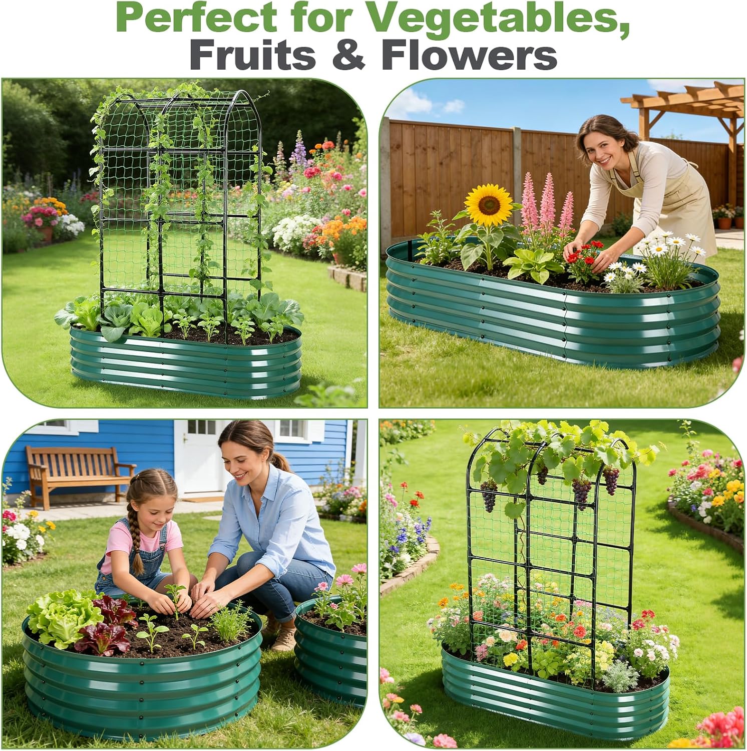 Raised Garden Bed with Arched Trellis, Galvanized Raised Garden Bed with Netting Plant Ties Gloves Trowel, Metal Planter Box Outdoor Drainage Design for Gardening Climbing Plant Vegetable Flower Fruit