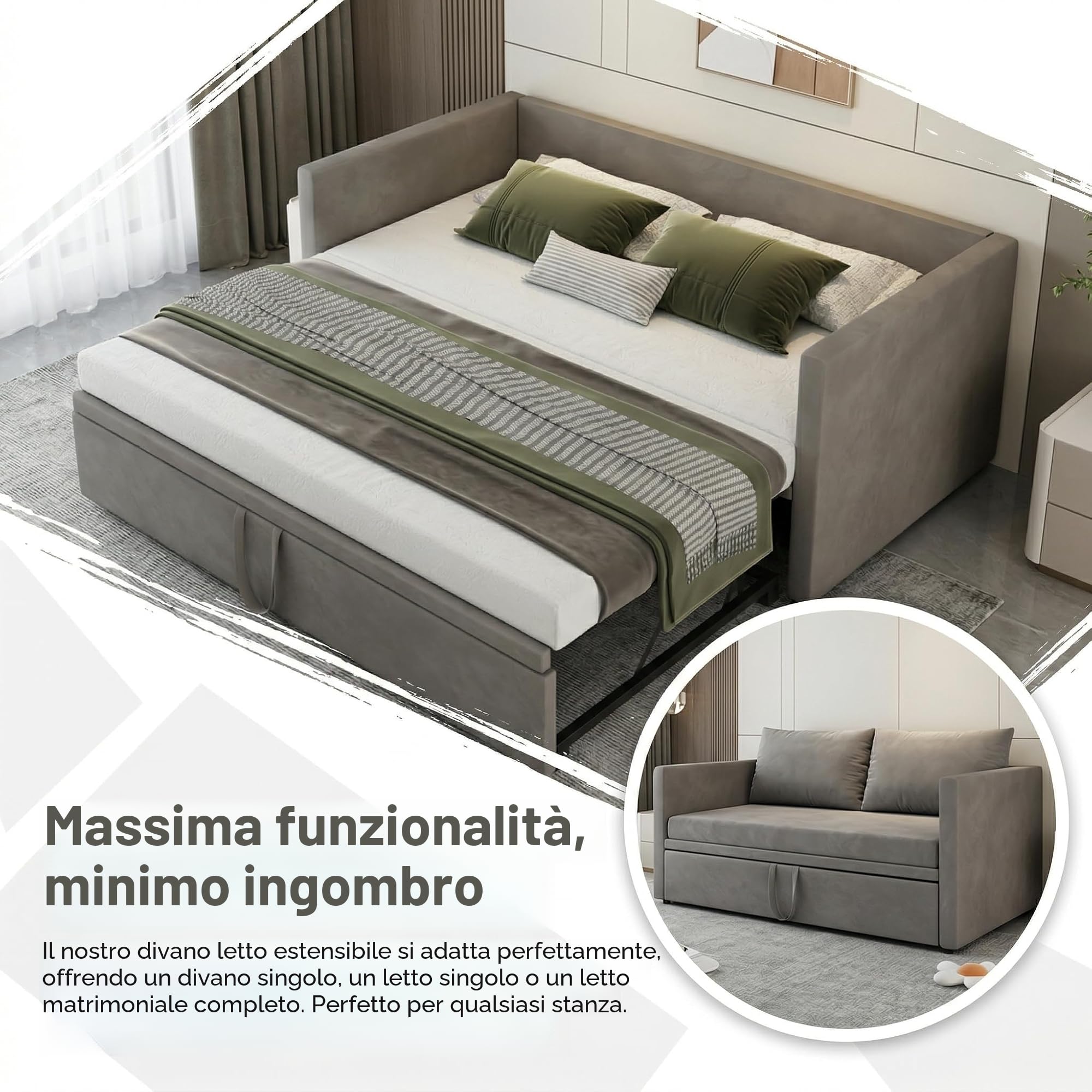 Letto imbottito, divano letto estensibile per 2 persone, letto di giorno, letto estraibile della stessa altezza, divano letto con sommier a doghe e schienale, letto multifunzionale, tessuto in velluto