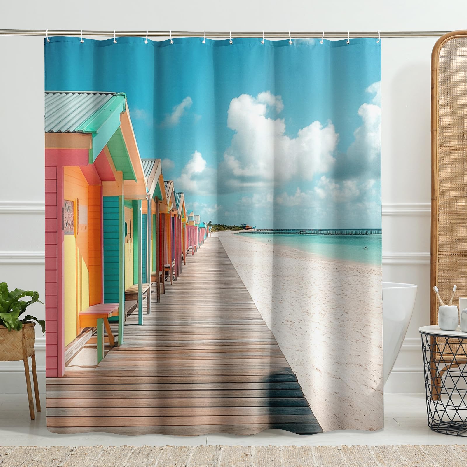 Colorful Beach Hut Shower Curtain, Vibrant Coastal Decor for Bathroom, Summer Tropical Style Waterproof Fabric Shower Curtain Set with Hooks 62x72 Inch