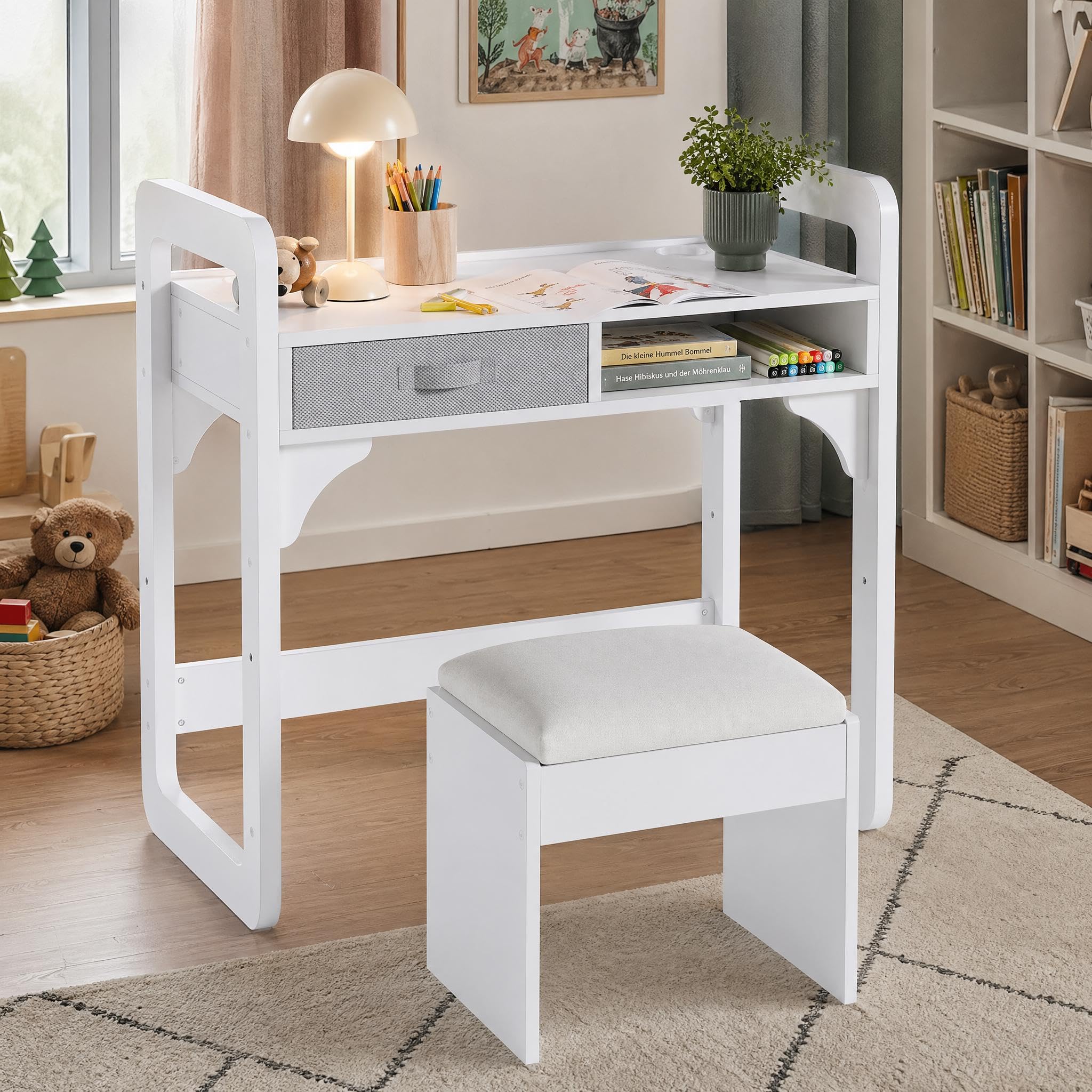 Kinderschreibtisch Mit Stuhl Set, Höhenverstellbarer Kindertisch Mit Stauraum, Ergonomischer MDF Holz Basteltisch Maltisch Ab 3-8 Jahre, Schreibtisch Kinderzimmer Mädchen Jungen, Weiß