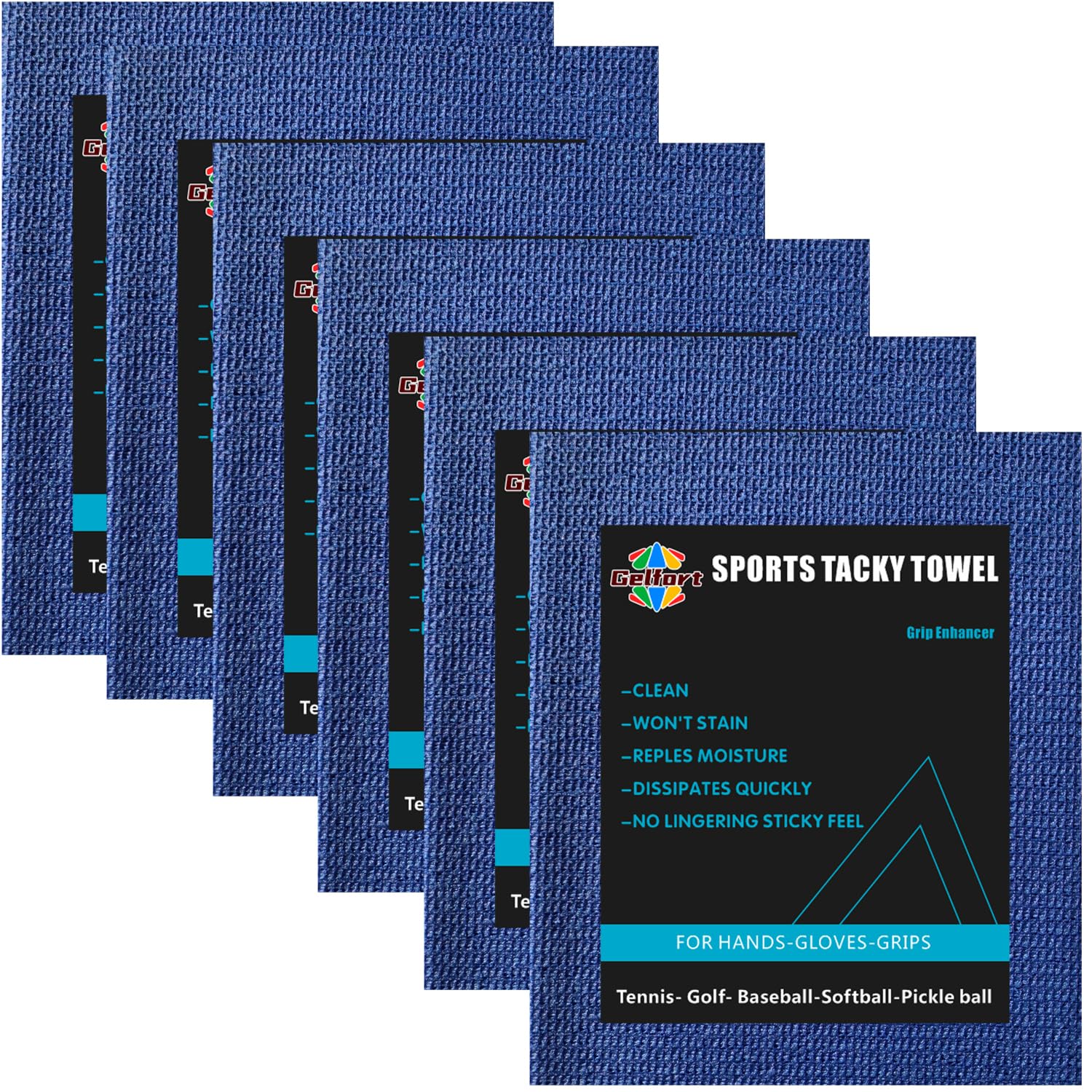 GELFORT Tacky Towel for Tennis, Grip Enhancer for Golf, Pickleball,Base Ball, Prevent Slipping and Improve Palm Grip (6 Pack Blue)