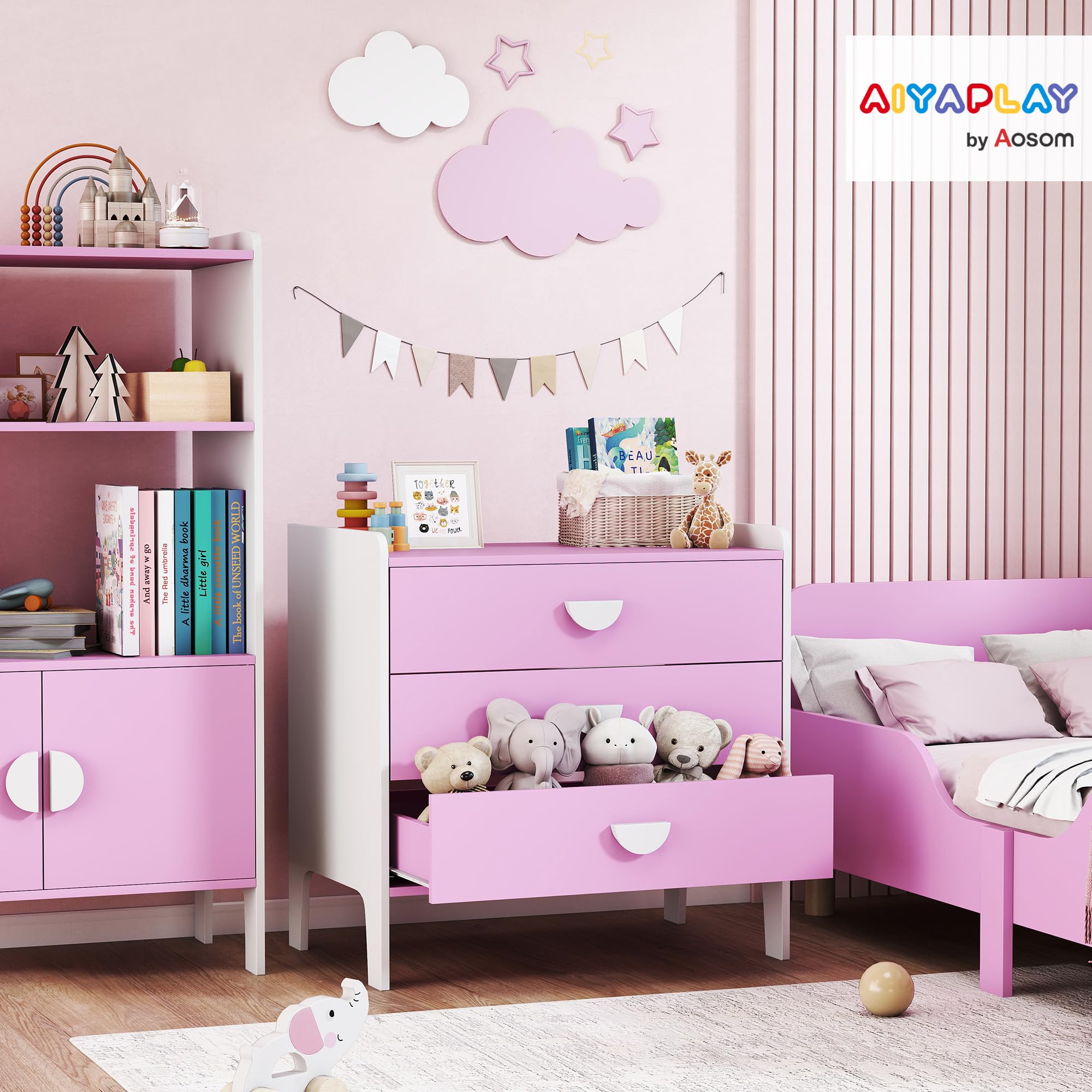 AIYAPLAY Kinderkommode, Aufbewahrungskommode mit 3 Schubladen, Aufbewahrungsmöbel Kinderzimmer, Kinderkrippe, Spielzimmer, 60 x 40 x 60 cm, rosa