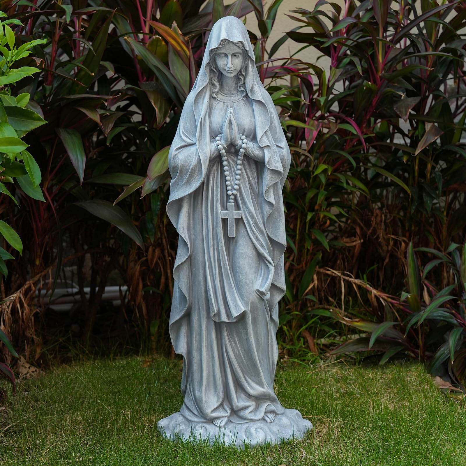 Virgin Mary Praying Statue 31.49 Inch Tall Outdoor Garden Religious Garden Outdoor Yard Patio Deck Home Entryway Hallway Sculpture Magnesium Oxide Stone （Grey Virgin）
