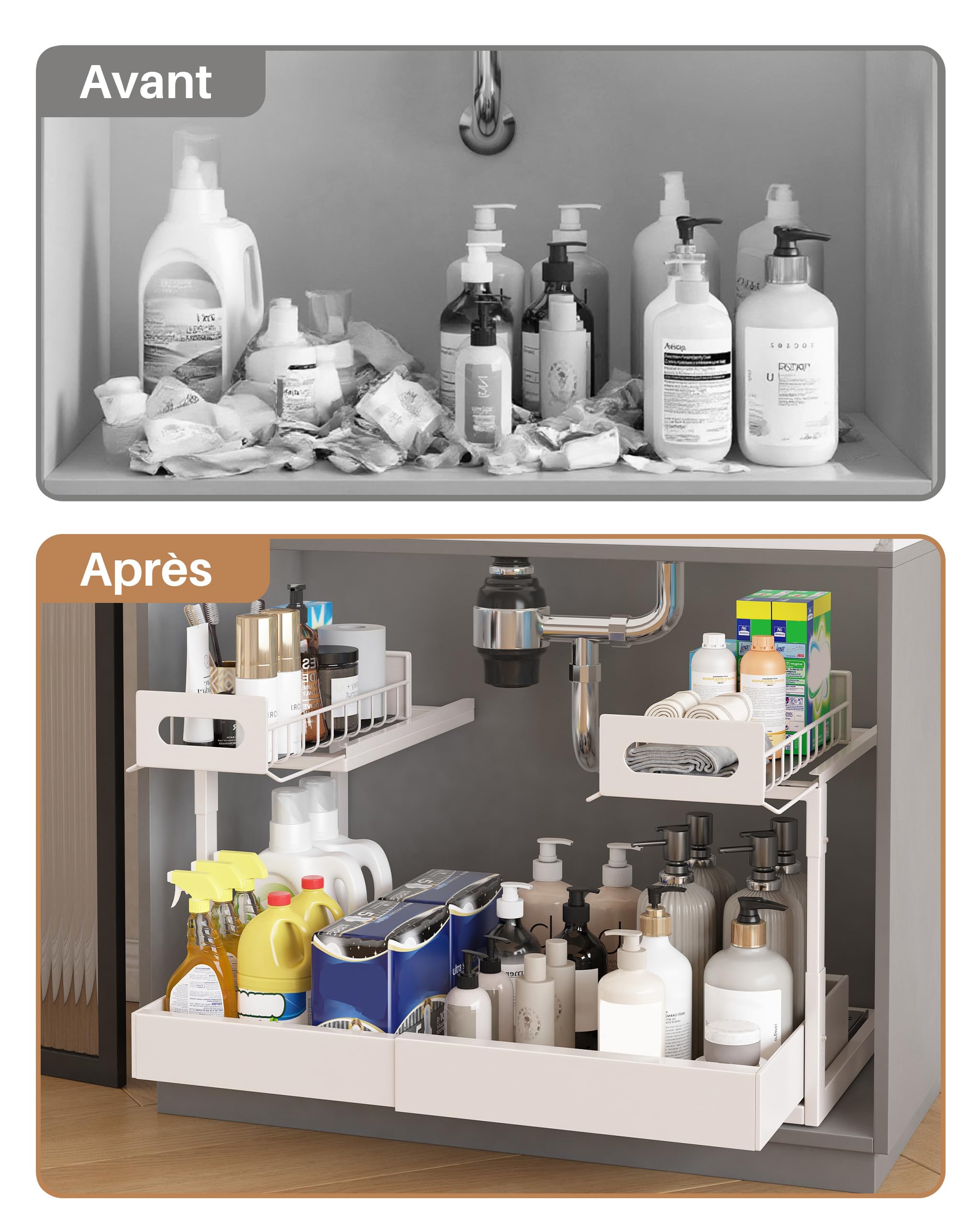Rangement sous Évier en Métal, 2 Niveaux Tiroir Coulissant Cuisine pour Placard Meuble Cuisine Salle Bain, Réglable en Hauteur, Organiseur Extensible pour Évier, Largeur et Hauteur Réglables