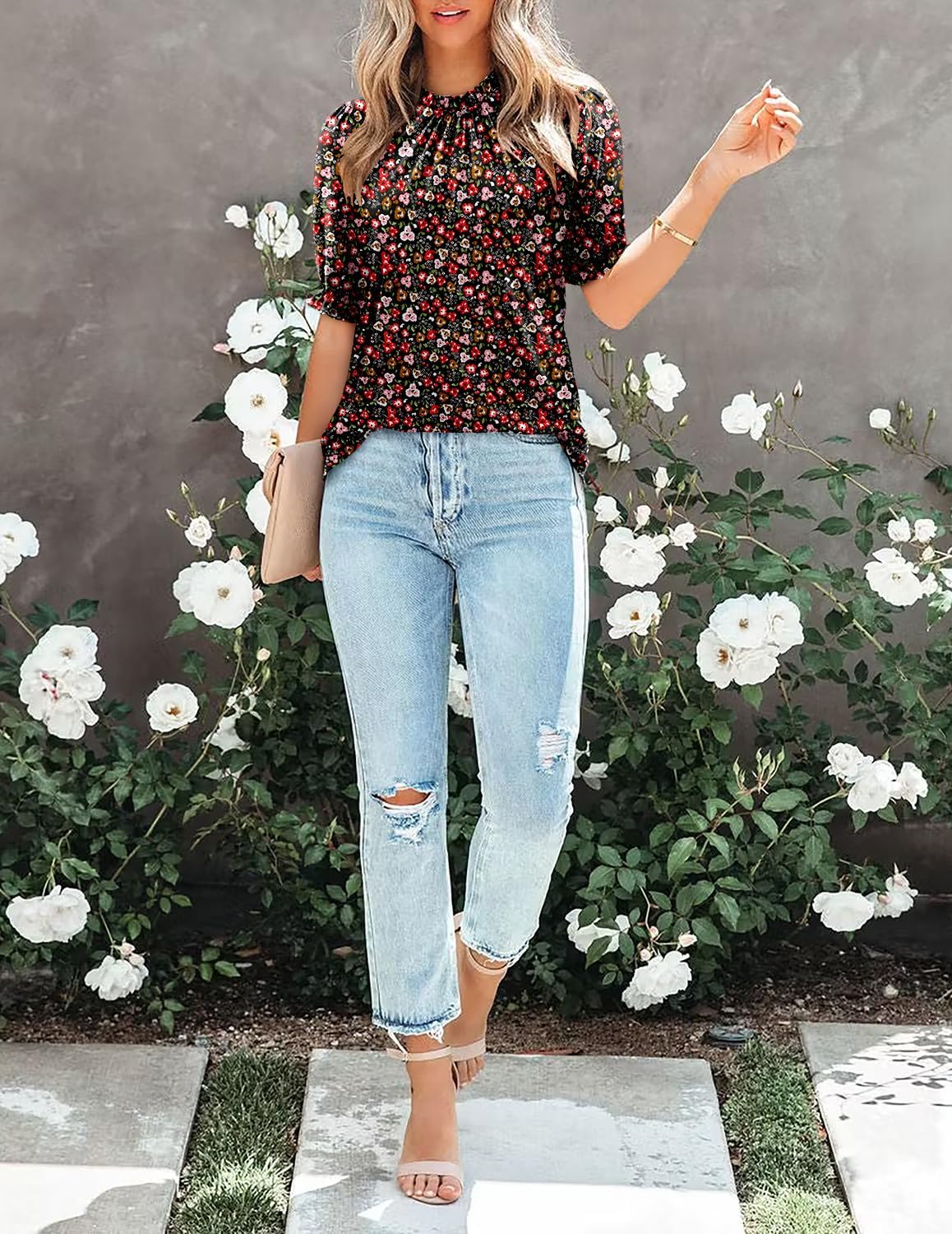 CHICZONE Women's Mock Neck Casual Summer Tops Ruffle Short Sleeve Keyhole Back Boho Blouses - Image 5