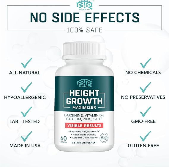BIOTEQUELAB Height Growth Maximizer, Calcium, Vitamin D3 and Zinc Blend Pills, Bone Growth Supplement for Kids and Teens, Bone Strength, Density Support, GMO-Free, Gluten-Free, Made in USA, 60 Caps
