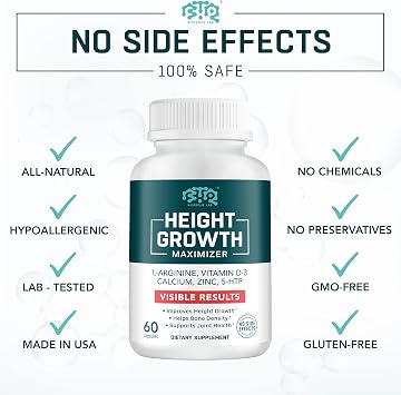 BIOTEQUELAB Height Growth Maximizer, Calcium, Vitamin D3 and Zinc Blend Pills, Bone Growth Supplement for Kids and Teens, Bone Strength, Density Support, GMO-Free, Gluten-Free, Made in USA, 60 Caps