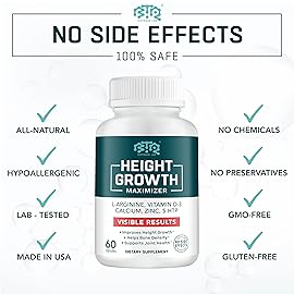 BIOTEQUELAB Height Growth Maximizer, Calcium, Vitamin D3 and Zinc Blend Pills, Bone Growth Supplement for Kids and Teens, Bone Strength, Density Support, GMO-Free, Gluten-Free, Made in USA, 60 Caps