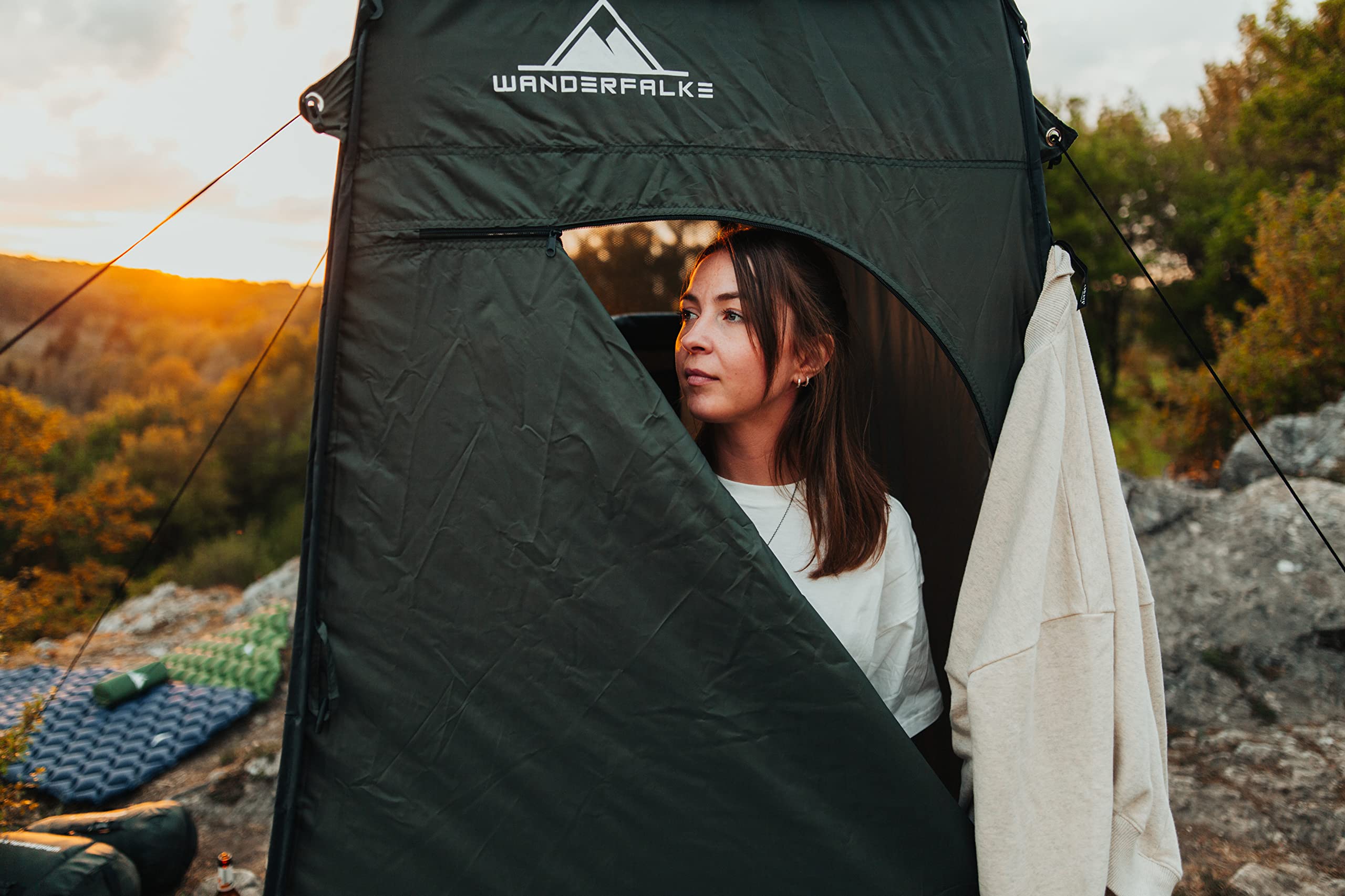 WANDERFALKE XL Pop Up namiot przebieralni, namiot toaletowy, namiot prysznicowy 120 x 120 x 210 cm, do użytku na zewnątrz, na kemping, wędkowanie, plażę, w zestawie torba do przenoszenia (zielona