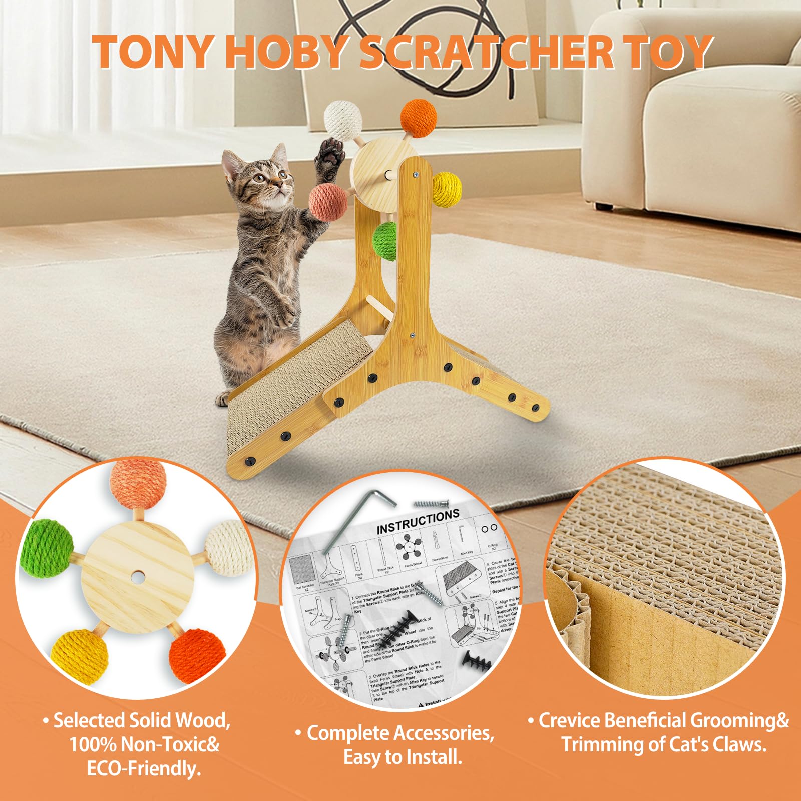 TONY HOBY Cat Scratching Post, Sisal Kitten Scratcher with Ferris Wheel Spinning Balls, Cat Scratching Board for Small Medium Cats (22.5 in, Colorful)