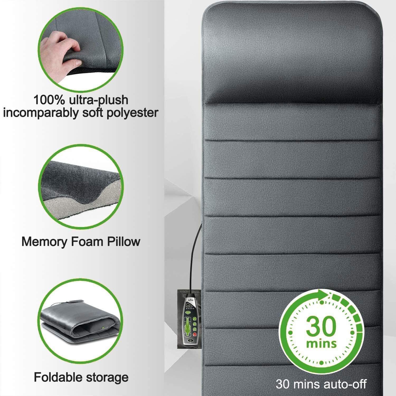 Mynt Massage Mat with Heat: Memory FoamCushion with 10 Vibrating Motors and 4 Therapy Heating Pads Full Body Massager Neck,Back, Waist, Legs Pain Relief