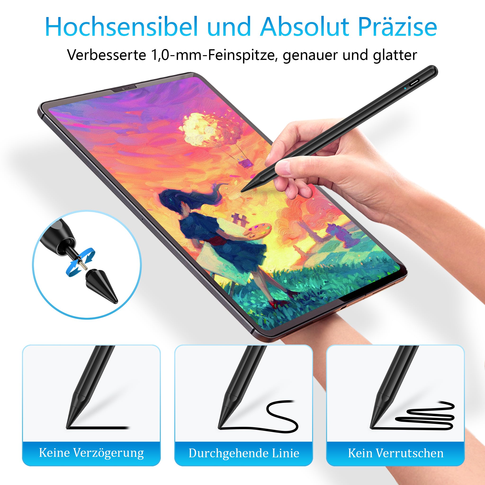 Penna Stilo per iPad 2018-2022, DARLYOR Stilo dell'iPad 2a Generazione con Rifiuto di Palmo, Sensibile all'inclinazione, Pennino Magnetico per iPad 6/7/8/9/10/Air 3/4/5/Mini 5/6/Pro 11/Pro12.9-Nero