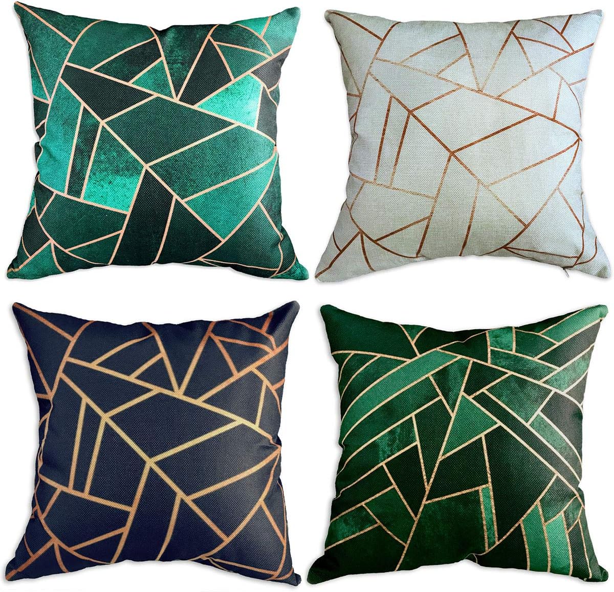 Set of 4, Modern Geometric Decorative Throw Pillow Covers, Throw Pillow Case 18 x 18inch, Linen/Cotton, Blue/Green/Emerald/Beige