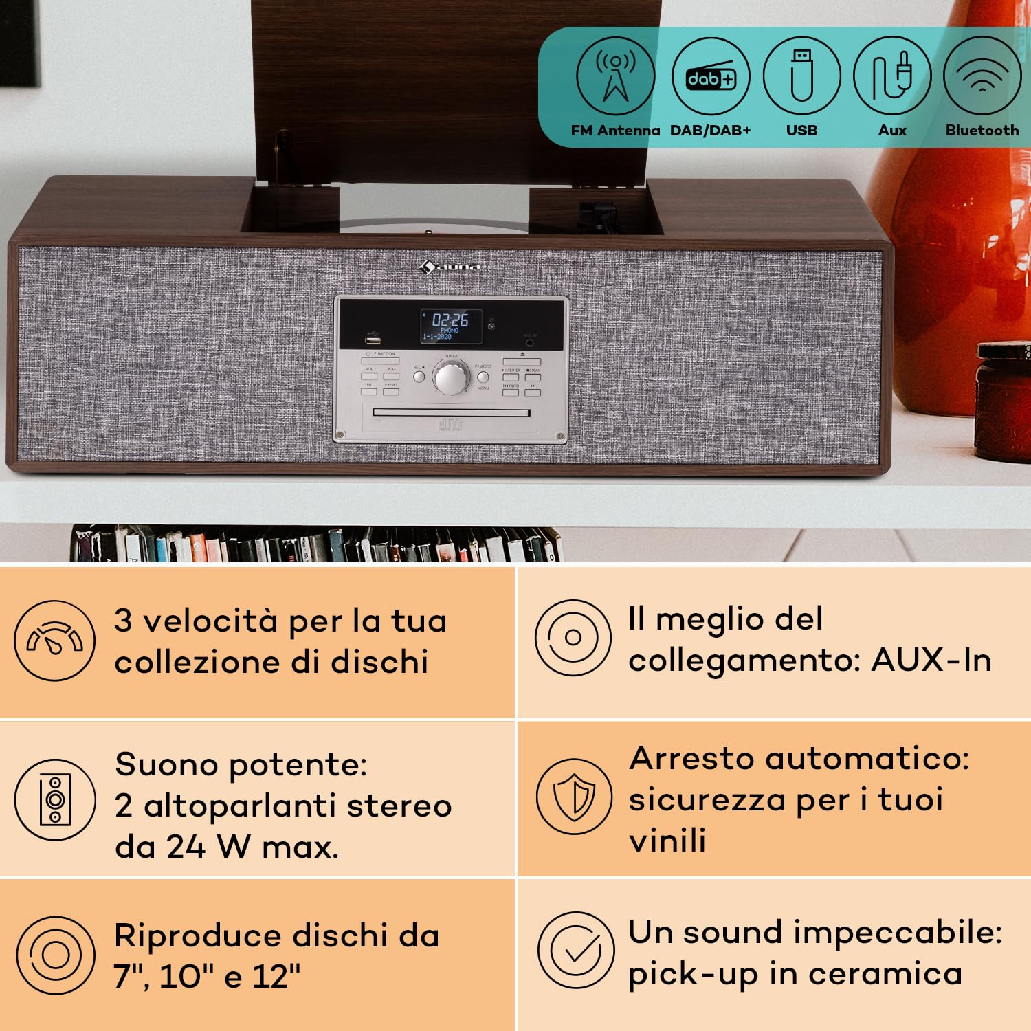 Auna Giradischi Bluetooth per Dischi in Vinile MP3, Lettore Vinile a 3 Velocità, Giradischi Vinili Vintage con Casse Stereo e Telecomando, Gira Dischi per Vinile CD USB con Piedi e Radio DAB+/FM