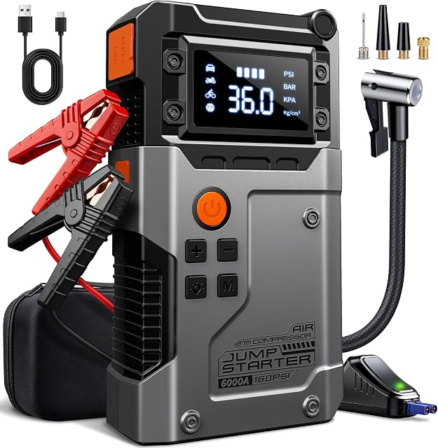 6000A Jump Starter with Air Compressor, Portable Car Battery Jumper Starter (10.0 Gas/8.5L Diesel) with 160PSI Tire Inflator, Smart Display, Portable Jump Box, 600LM Flashlight, Emergency Light