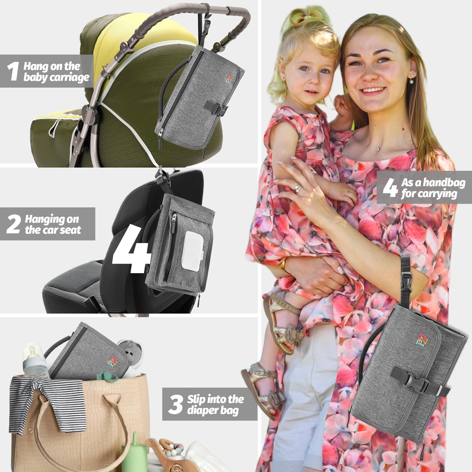 Cambiador portátil bebé - Cambiador viaje bebé con bolsillo para toallitas y cojín para la cabeza, impermeable, extraíble - Regalo ideal para recién nacido (Gris)