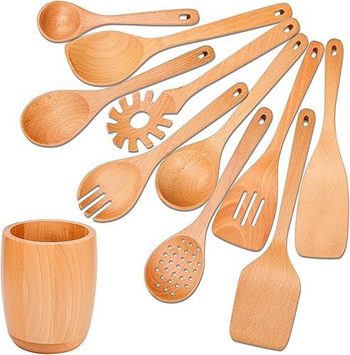 Miniatura 7 de WOSPONFAN - Cucharas de madera para cocinar juego de utensilios de cocina de 8 piezas utensilios de madera para cocinar cucharas de madera juego de