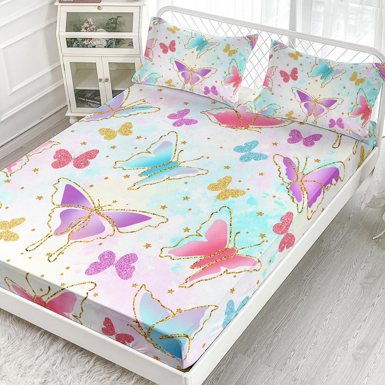 AILONEN Colorful Butterfly Bedding Sets for Girls Twin XL Size Fitted Sheet Set,Kids Butterfly Sheet,Rainbow Tie Dye Bed Sheet,1 Fitted Sheet with 2 Pillowcases,3 Pieces