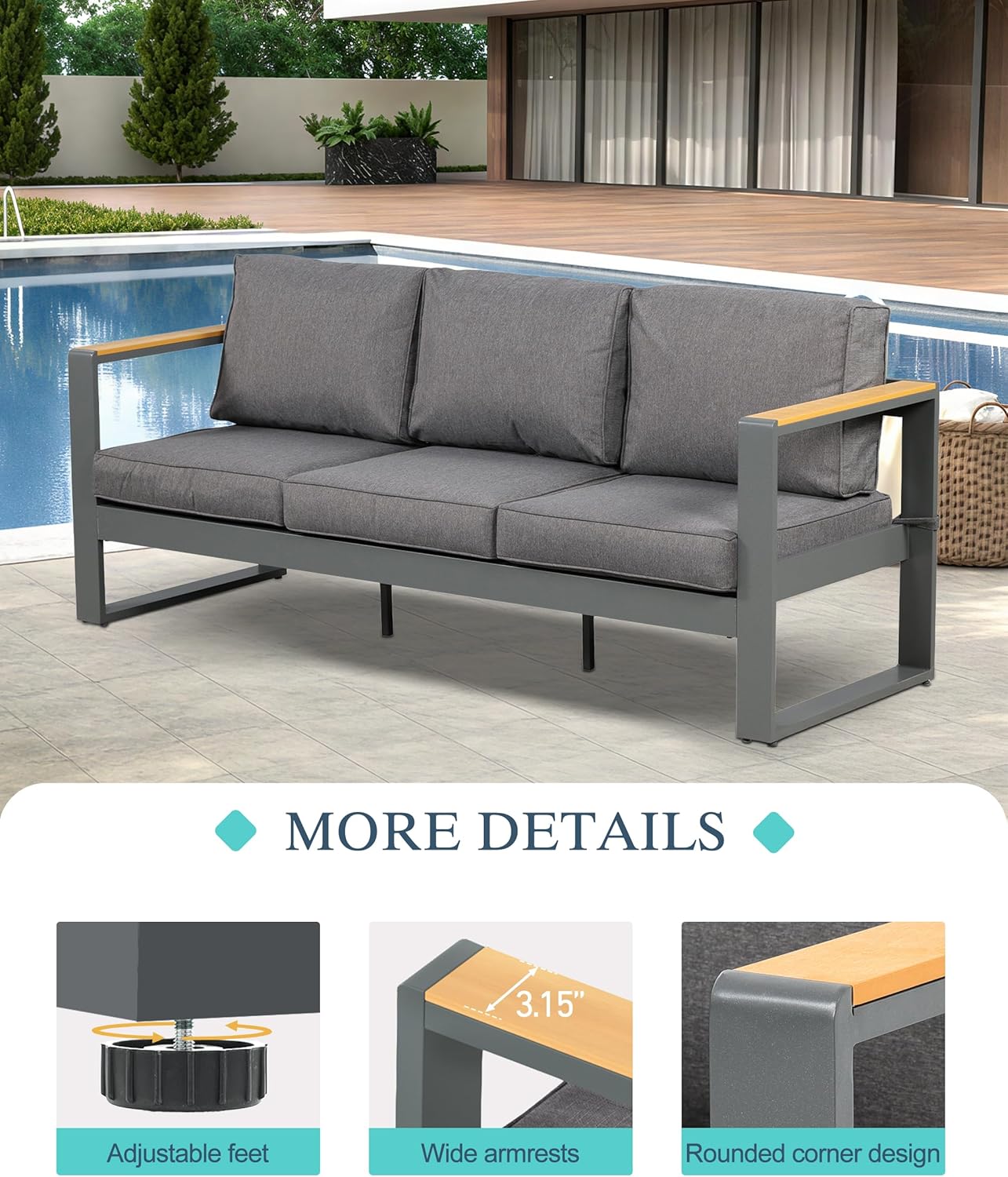 BPS Outdoor Aluminum Patio Furniture 3 Seats Sofa, 1 PCS All-Weather Metal Outdoor Sofa Chairs with Washable Thick Cushion for Garden, Patio, Balcony and Proch