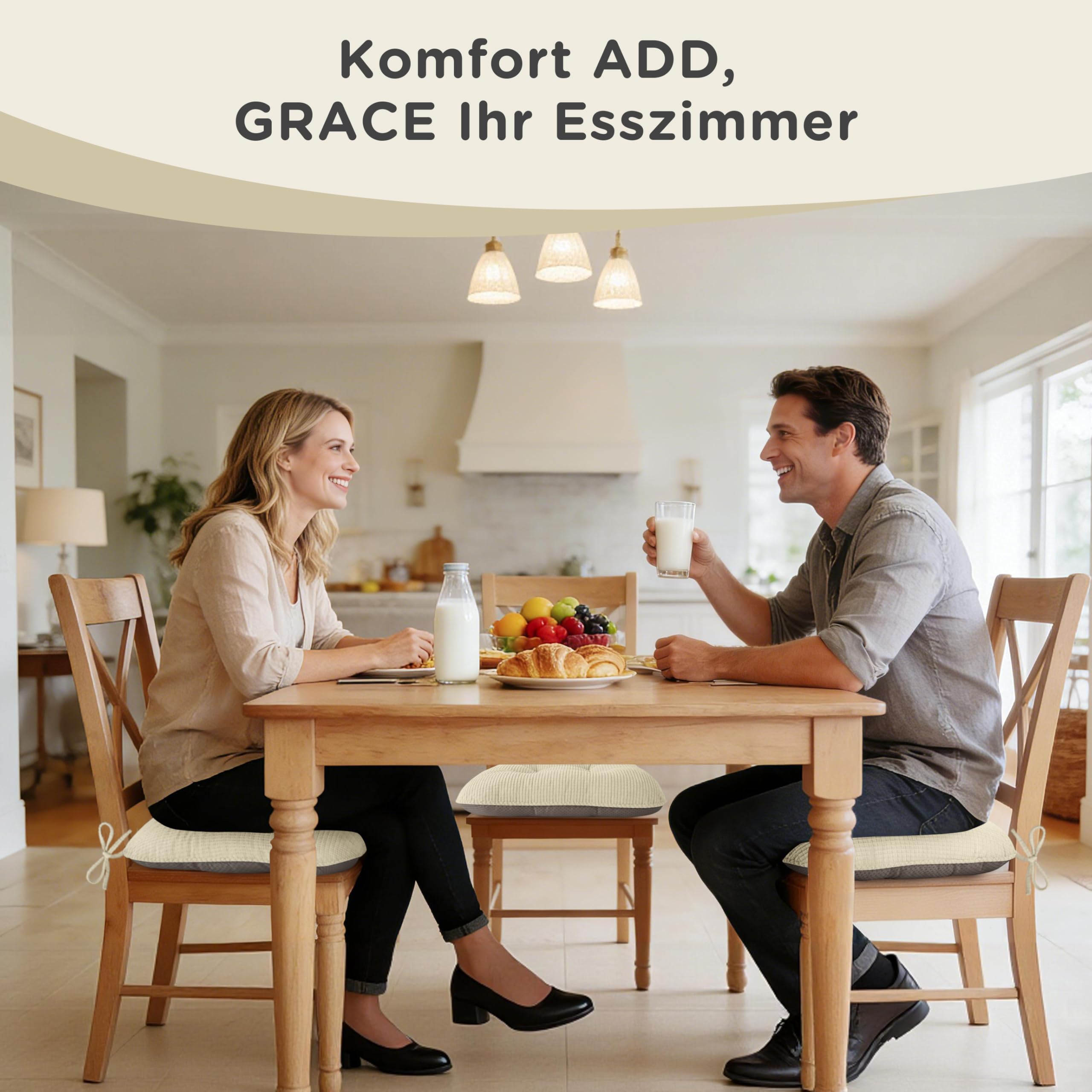 AddGrace Sitzkissen für Esszimmerstühle mit Bändern 43x40cm 4er Set Beige