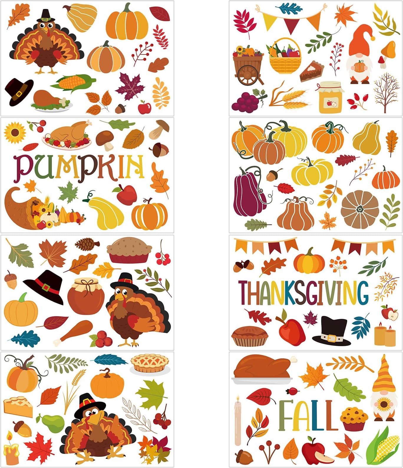 8 Sheet Fall Decorations Fall Window Clings Stickers Pumpkins Turkeys Autumn Window Decals Thanksgiving Window Stickers for Harvest Party Glass Home Office Decor