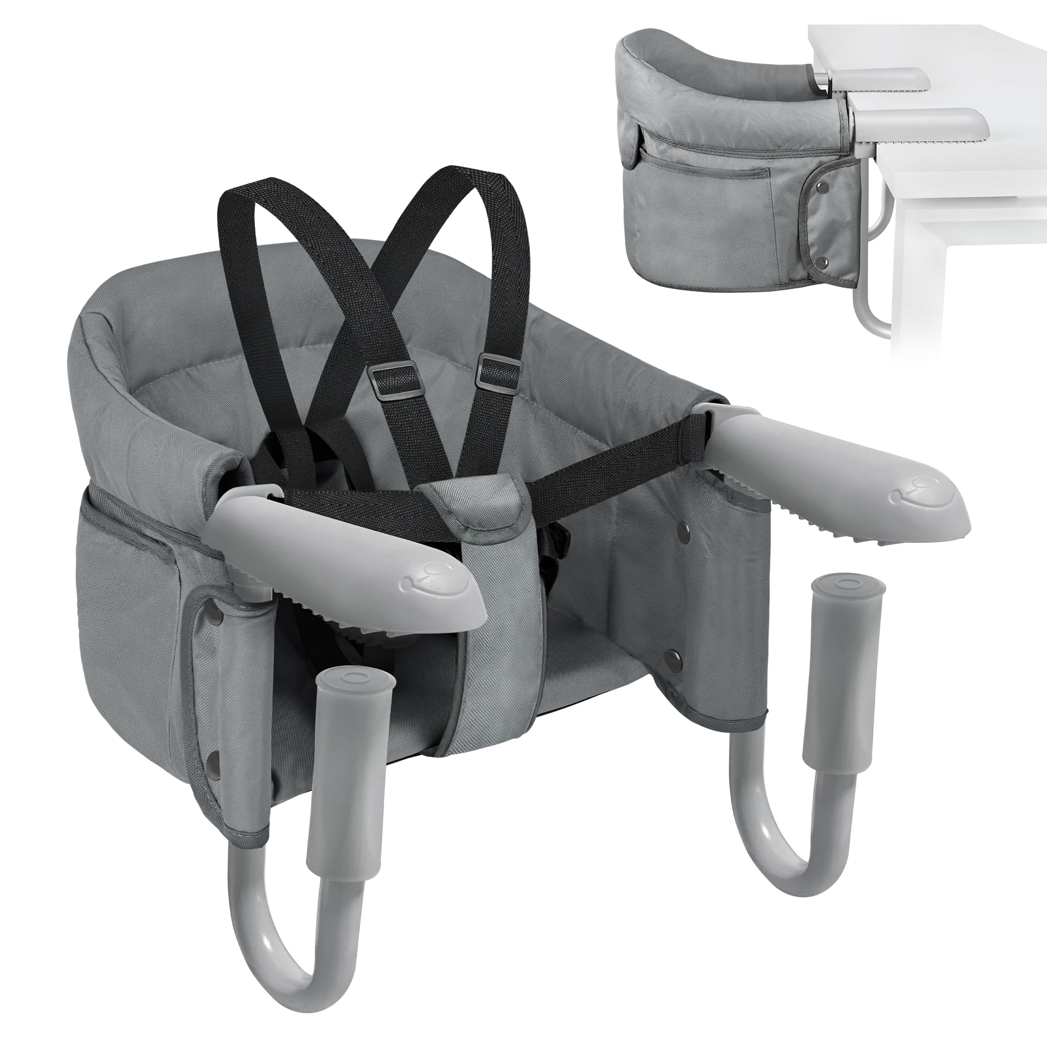 LILIIN Baby Tischsitz Faltbar Sitzerhöhung, Babysitz mit Anti-Rutsch-Klemmen&Rückenlehne, Reisehochstuhl Boostersitz inkl. Sitztasche, für 2-8cm Dicke Tische, Grau