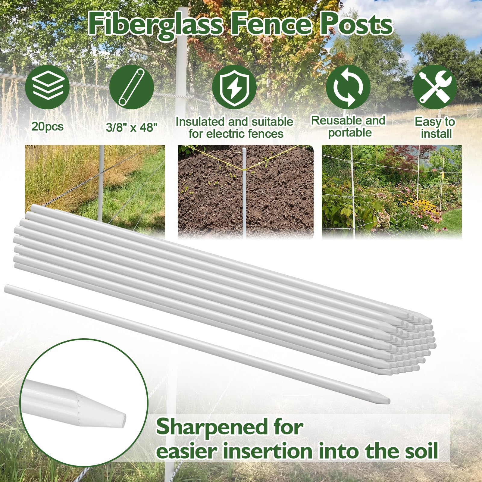 20 pali in fibra di vetro da 1 cm x 91,4 cm, in fibra di vetro, colore bianco, paletti da giardino per piante, pali per alberi, progetti fai da te, artigianato, contenimento del bestiame