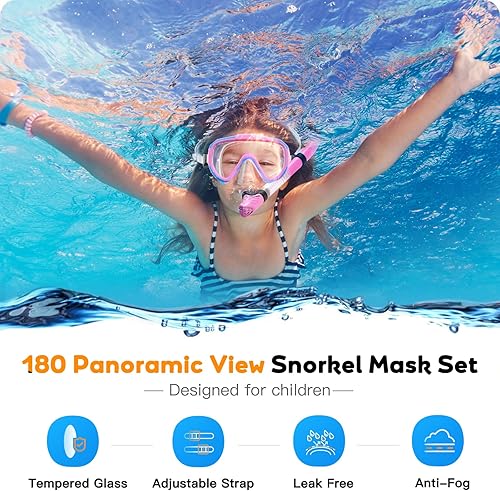 Miniatura 2 de Juego de esnórquel para niños, máscara de esnórquel con parte superior seca para niños, máscara de buceo con vista panorámica antivaho, equipo de