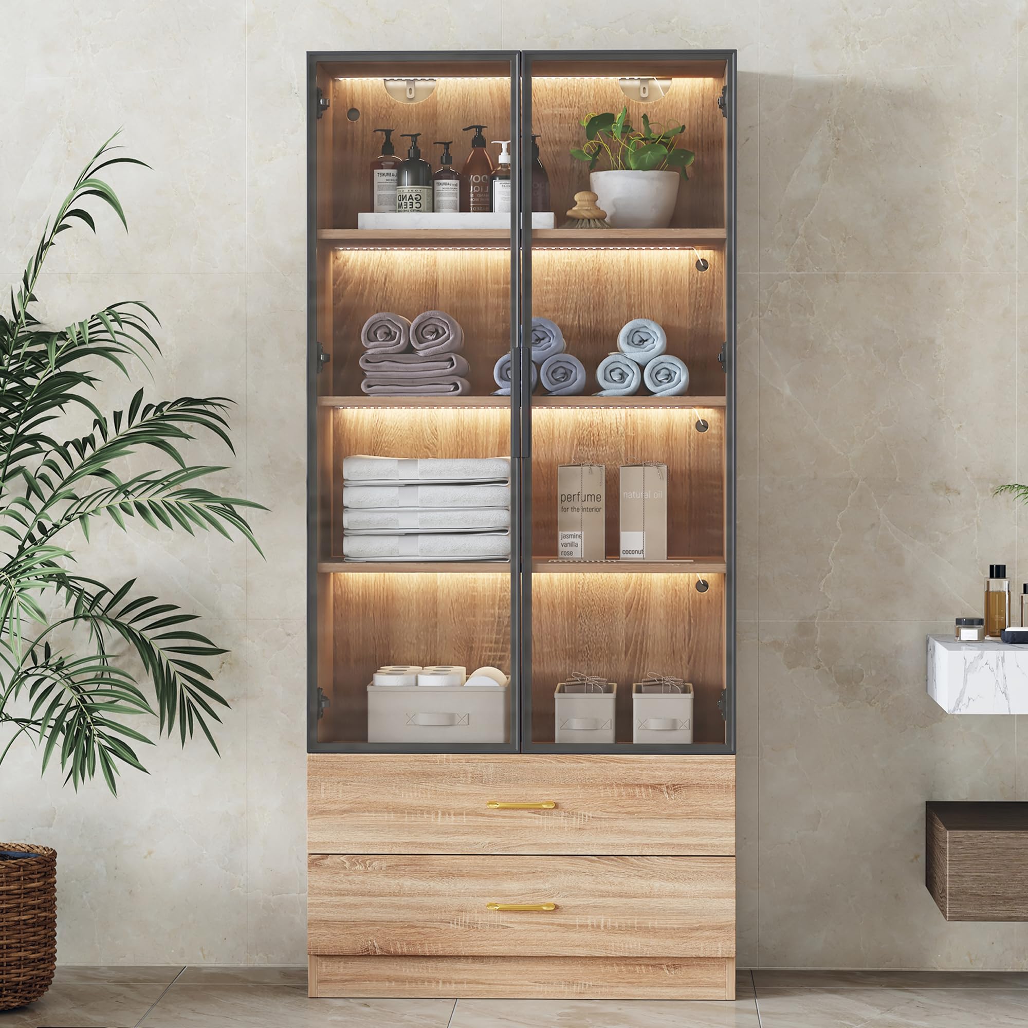 Merax Vitrine de rangement pour salon, salle de bain avec LED, 75 cm de large, 2 tiroirs, 2 portes, porte en verre, design moderne pour salle de bain, bureau, couloir - Couleur bois