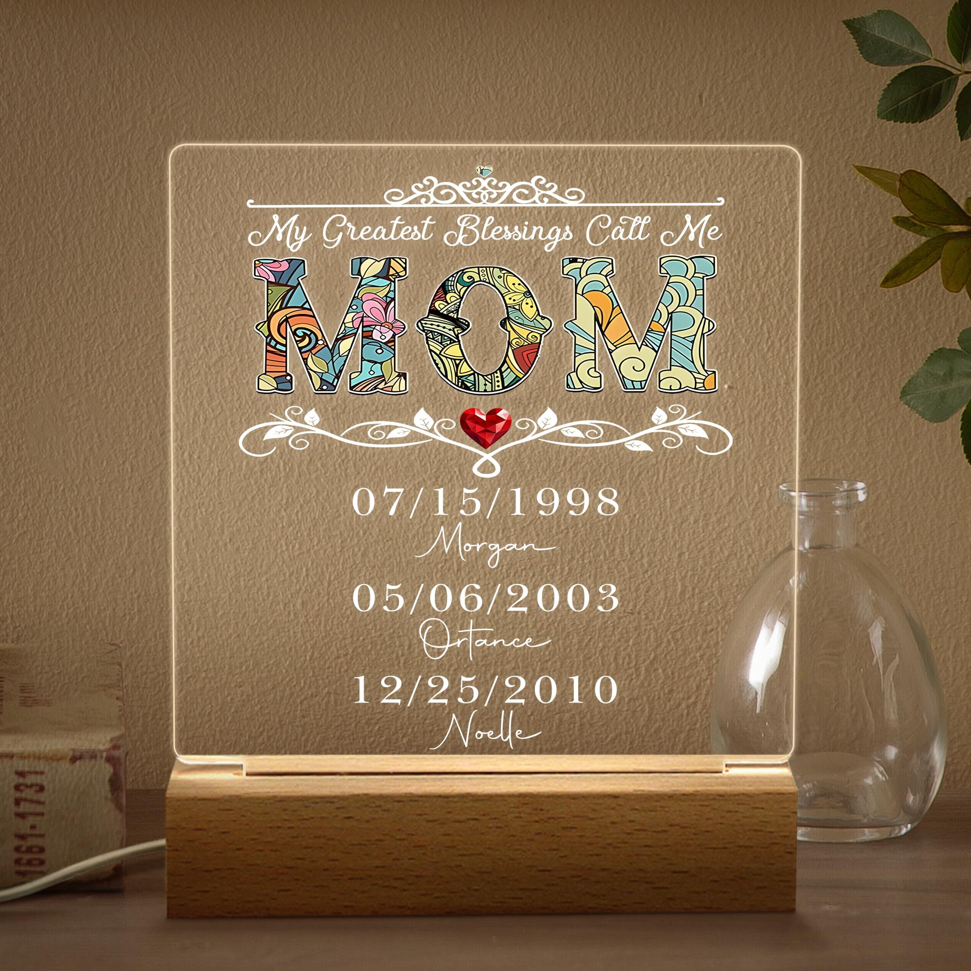 Mothers Day Custom Acrylic Plaque Night Light, Personalized Plaque with Kids Name Birth Date, Mom Gifts from Daughter Son, Home Decor