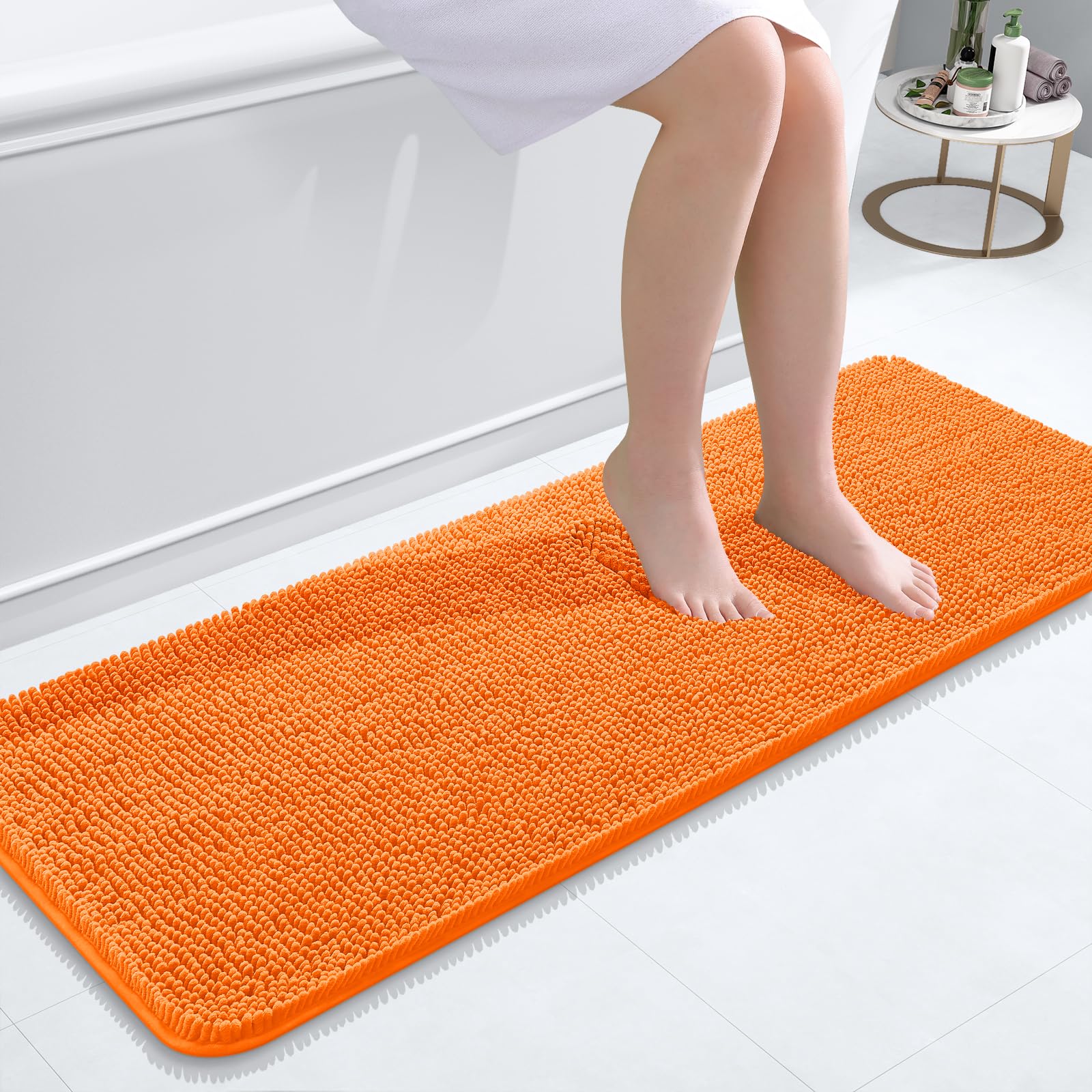 OLANLY Bathroom Runner Rugs 47x17, Extra Soft Absorbent Chenille Bath Rugs | Orange, Quick-Drying Rubber Backing, Washable Long Bath Mat for Bathroom Floor, Tub and Shower, Home Decor Accessories