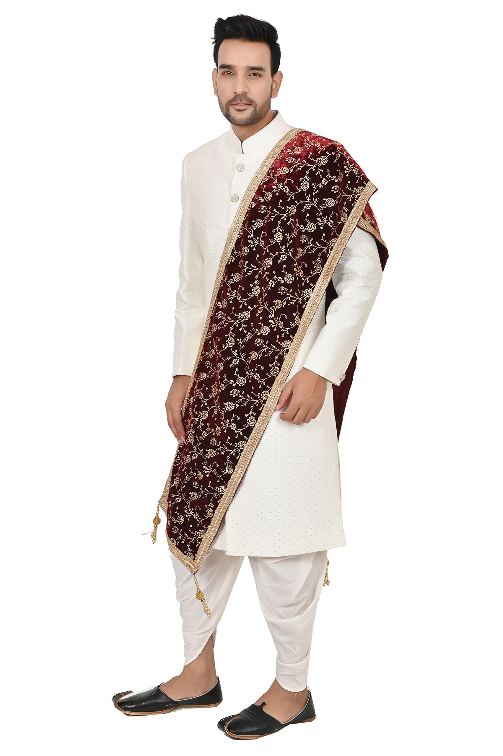 sneh Men's Velvet Sherwani Stole with Flower Gold Print Work and Tassels (Maroon,Free Size)-picture-41