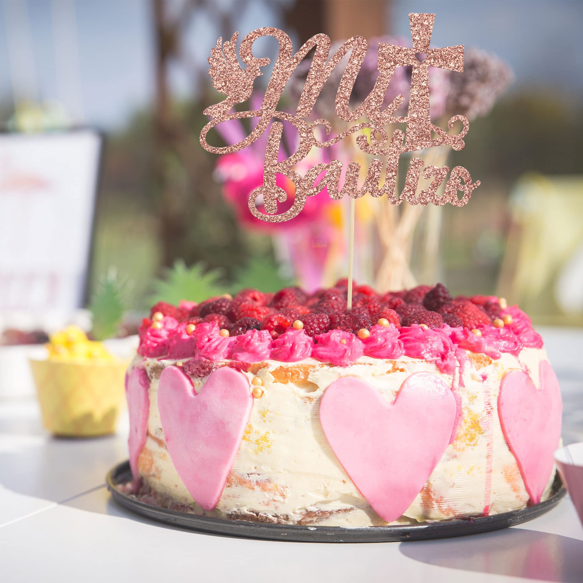 Gyufise Kuchendekoration „Mi Bautizo“ – Rotgoldener Aufsteller Für Taufe, Erstkommunion, Babyparty (13,5x19,1 Cm)