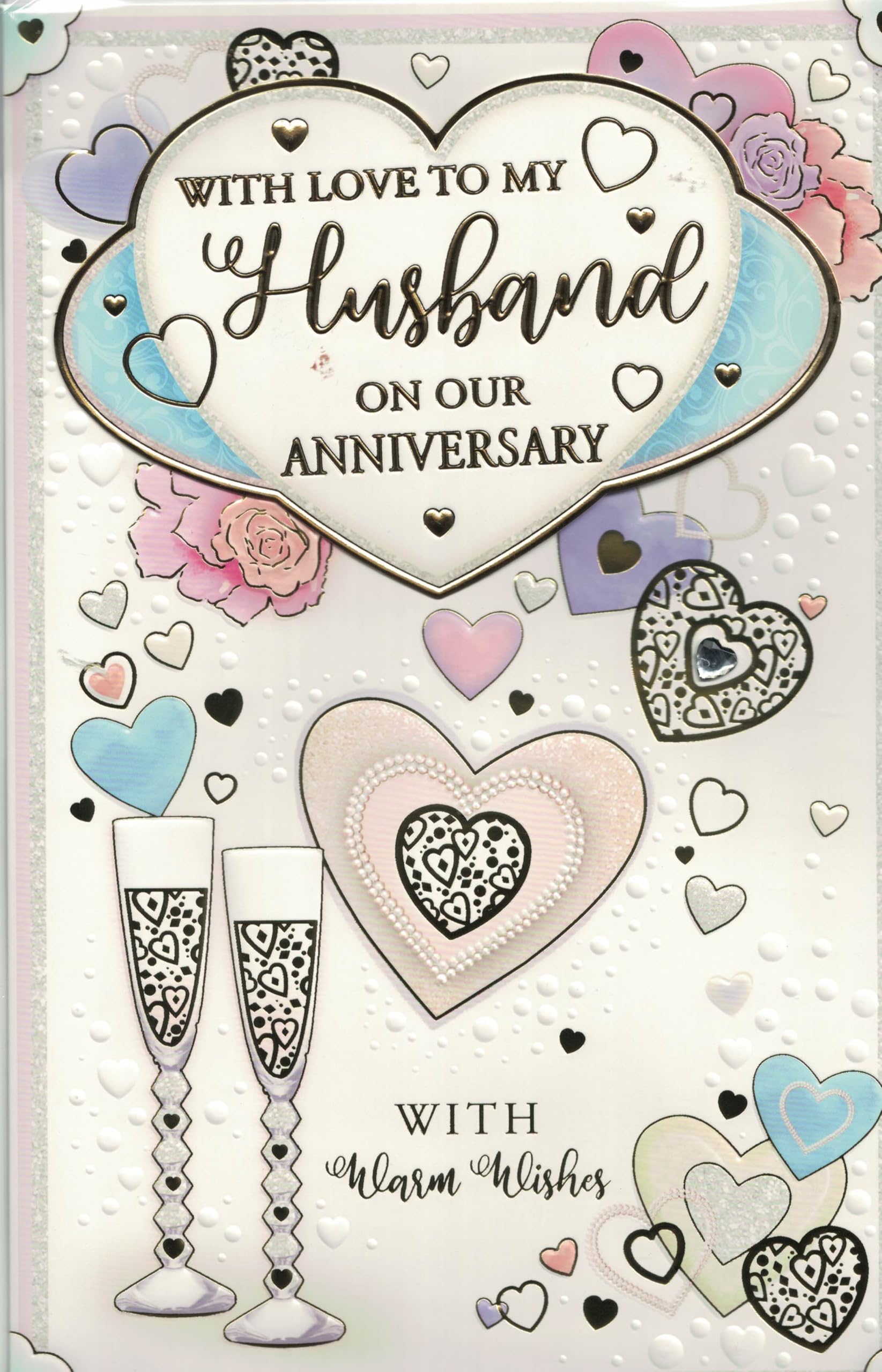 Anniversary Card for Husband, Large 30 x 19 cm, with 8 Page Insert, Diamante Love Hearts, Luxury Keepsake Greeting Card