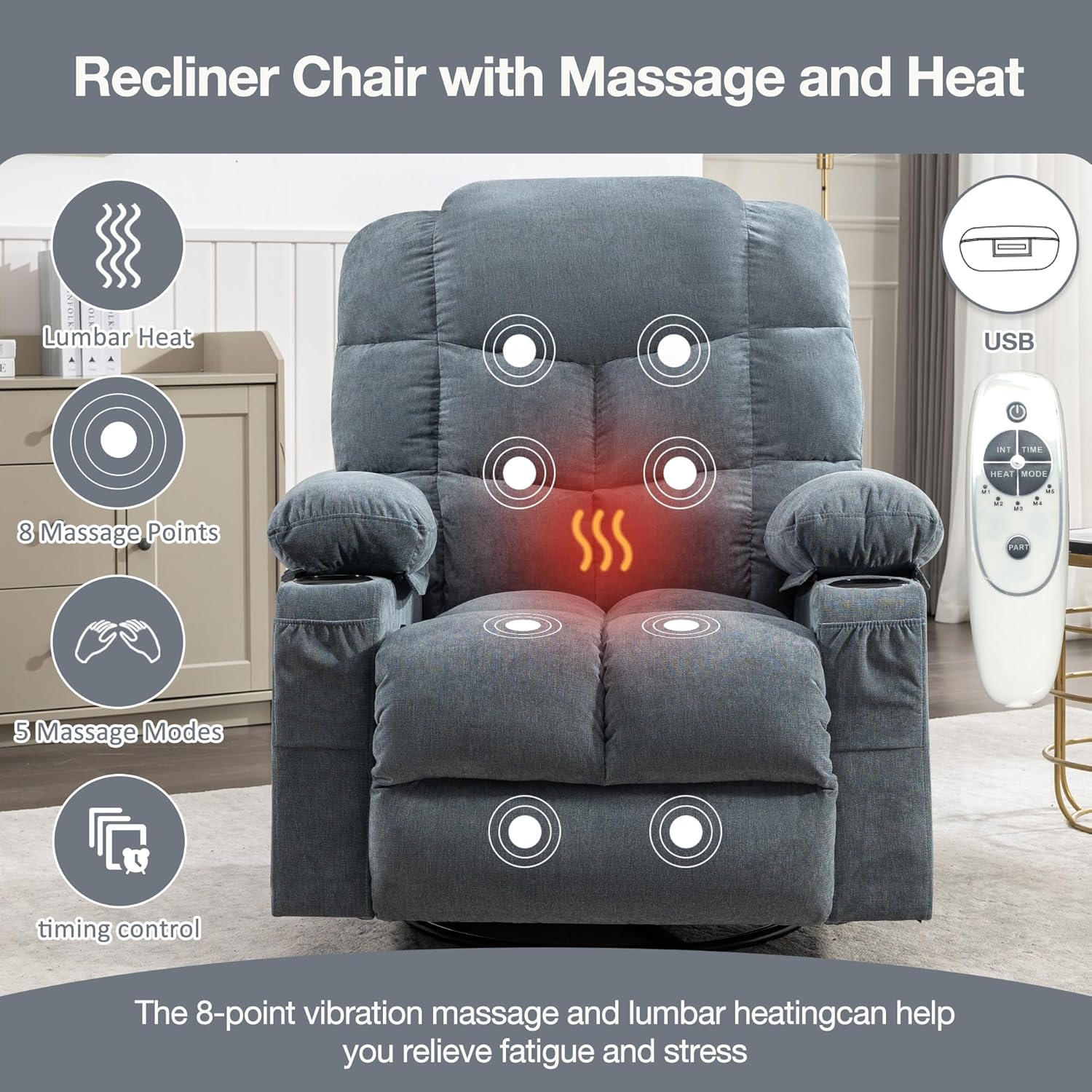 Luxurious Oversized Recliner Chair for Adults with Heat Massage, Rocking Motion, USB Charge Port & 2 Cup Holders, Manual Massage Comfort Retreat