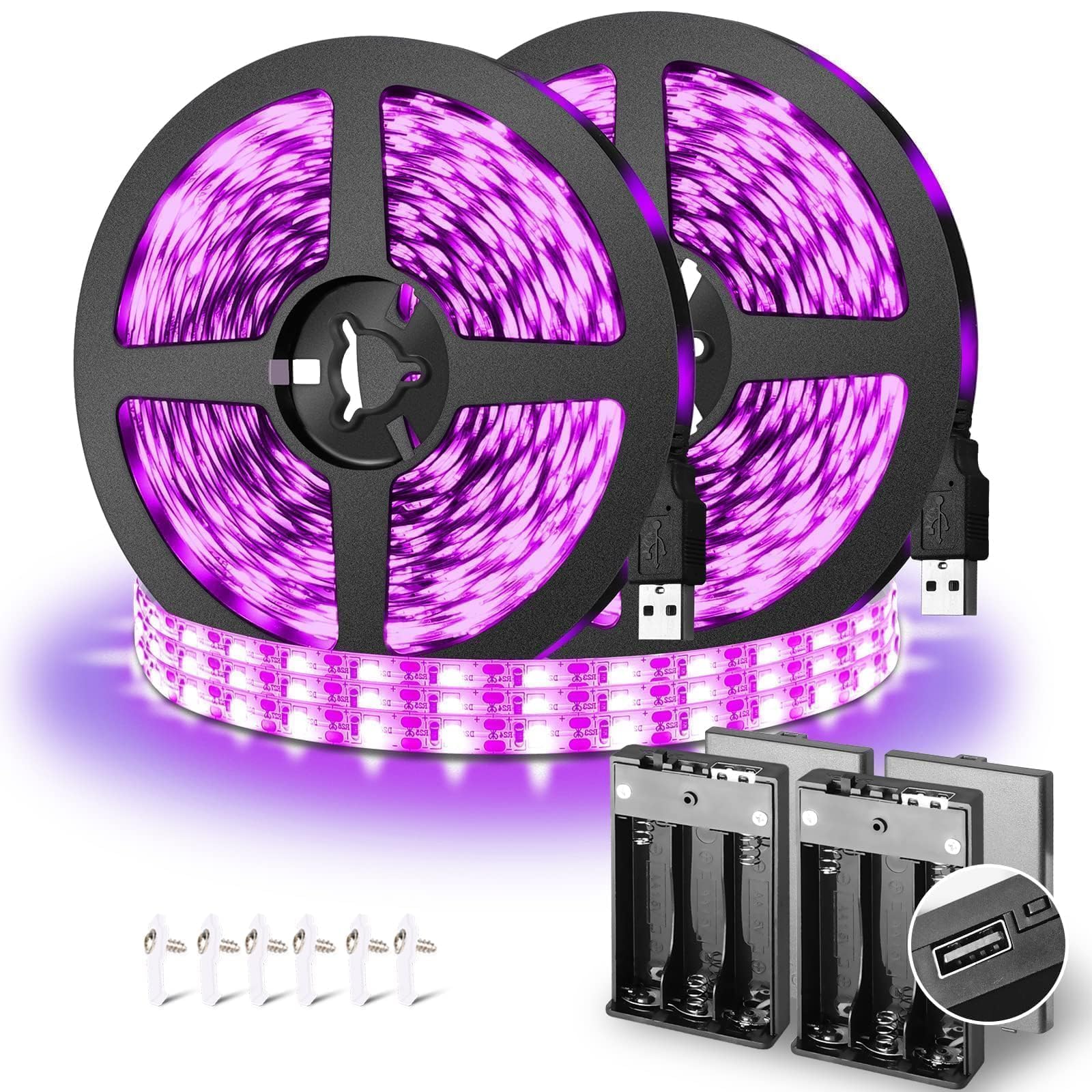 THECHAM 16.4ft Black Lights Strip Battery Operated, USB Blacklight Strip for Glow Party, 385-400nm Black Lights for Bedroom Indoor Halloween Birthday Decor Uranium Glass Tapestry Poster