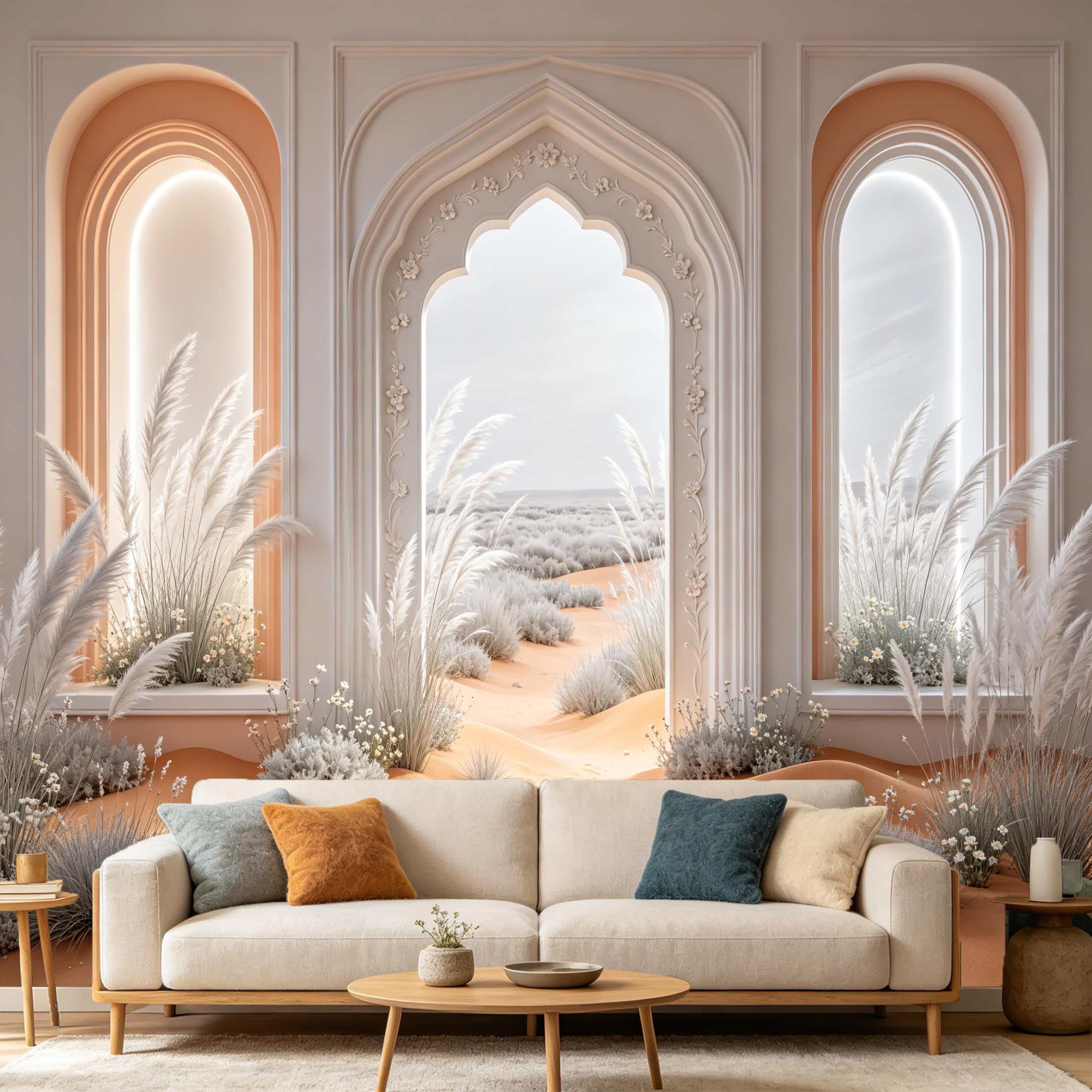 Custom Size Wall Mural， 3D Archway Desert Dune Pampas Plant， SelfAdhesive Art Prints wall Fabric Removable Large Wallpaper Home Living Room Decor Neutral Boho Aesthetic