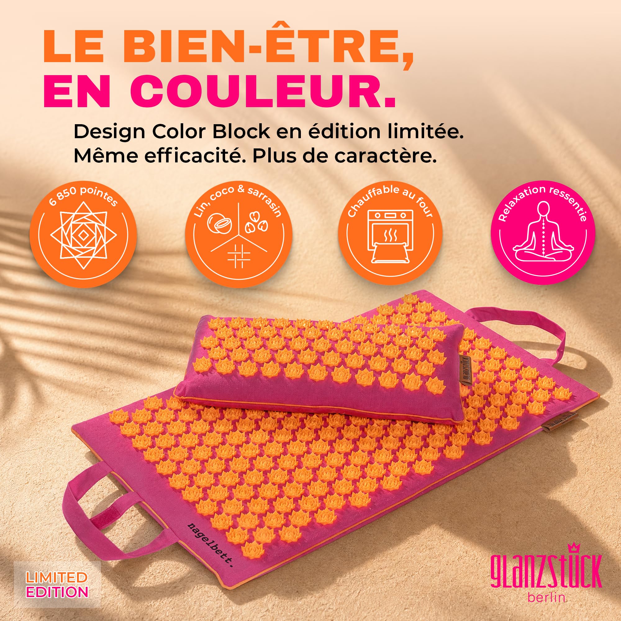Glanzstück Berlin® Health Collection Tapis d'acupression XL Original Color en lin, aide à soulager les tensions, les maux de dos, tapis de massage avec coussin (fonction thermique) et sac, durable