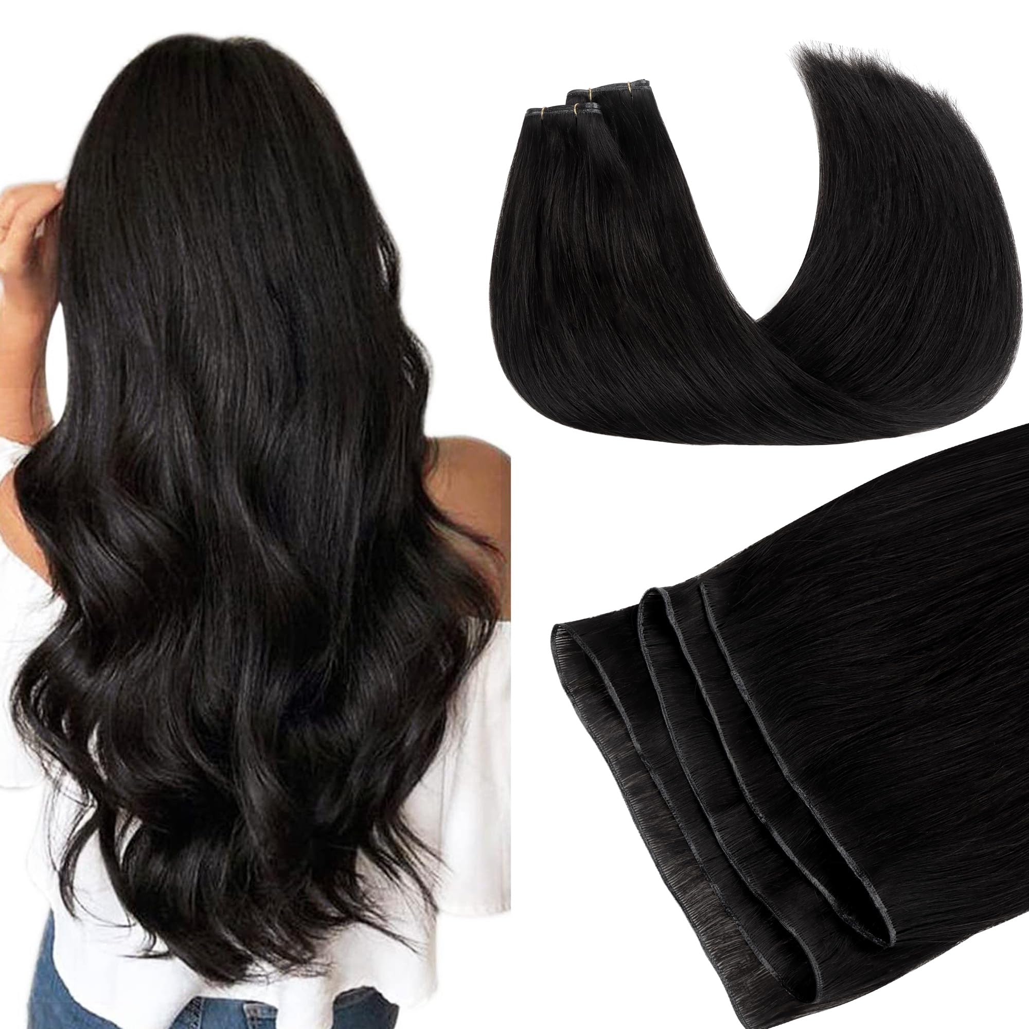 GOO GOO Genius Weft Hair Extensions Human Hair, Sew In Hair Extensions Rooted Remy Weft, 1B Natural black 20inch 120g, Hand Tied Weft Hair Extensions