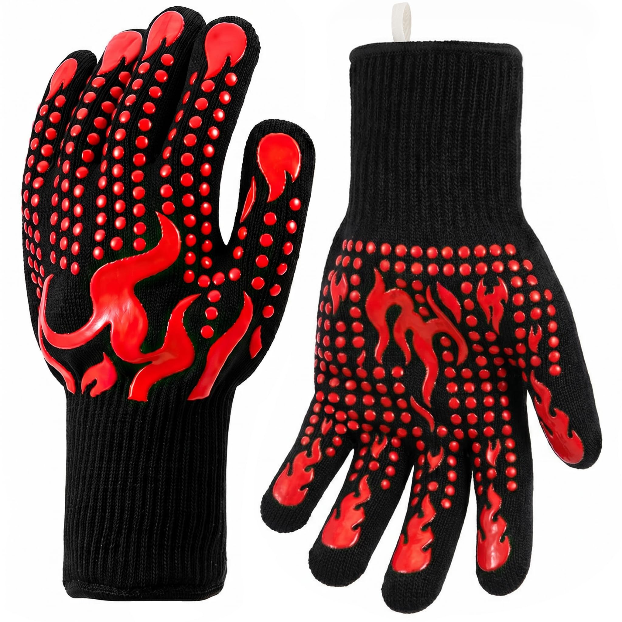 BBQ Gloves, 800°C Extreme Heat Resistant Oven Gloves with Fingers for Grilling, Silicone Non-Slip Long Kitchen Gloves for Cooking, Baking, Cutting – BBQ Gifts for Men Women (Set of 2)