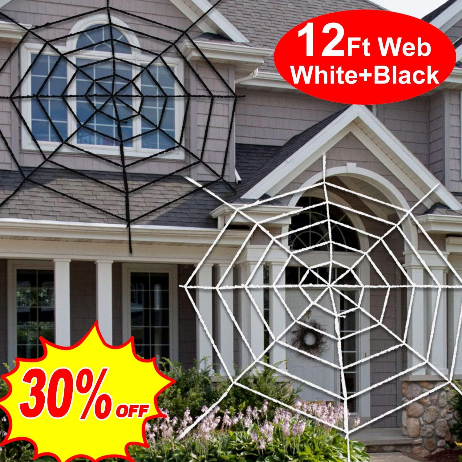 Camlinbo Spider Web Decoration Halloween Outdoor 2 Pack 12FT Giant Stretch Fake Spider Webs for Indoor Window Wall Scary Spooky Halloween Party Supplies Haunted House Yard Decor (Black and White)
