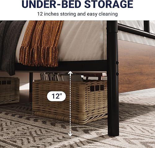 Miniatura 4 de Allewie Base de cama de plataforma de tamaño matrimonial con cabecera y estribo de madera, soporte de 13 listones de metal resistente,