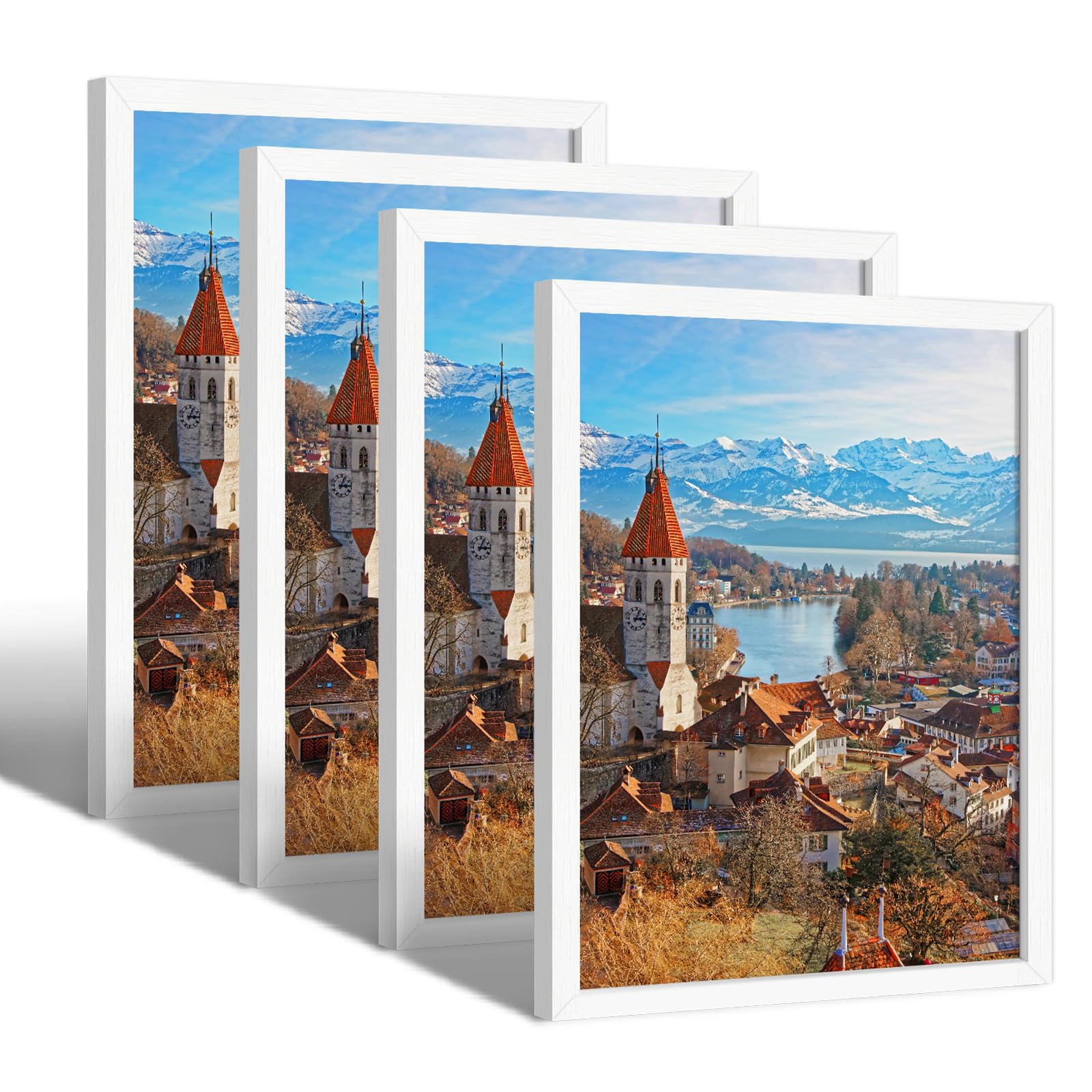 4 Pcs Cadres Photo en Bois MDF Naturel - 30 x 40cm, Cadre a3, Cadre Blanc Avec Verre Acrylique, Cadre Pour Posters, Collages, Cadre Pour Posters