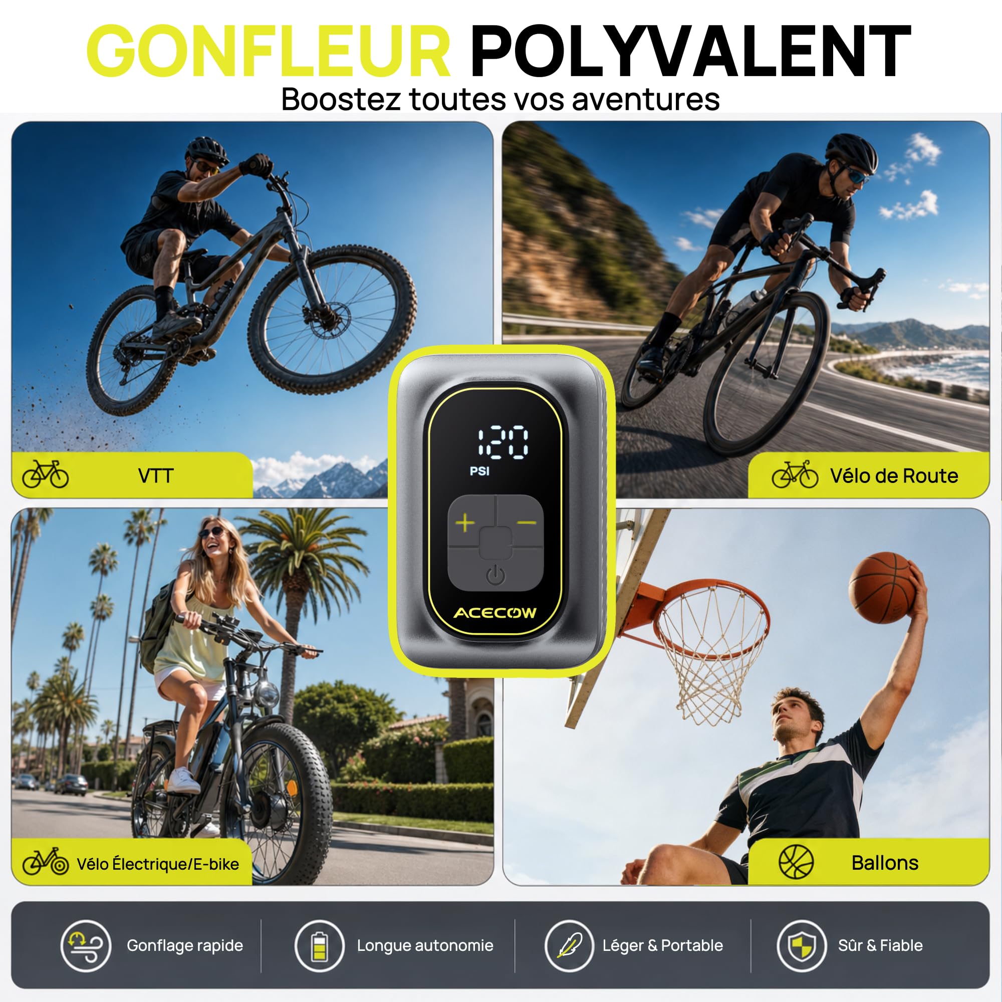Mini Pompe à Vélo Électrique,120 PSI Gonfleur Électrique Portable avec Manomètre & Arrêt Automatique,Rechargeable avec Flexible,Valve Presta & Schrader pour Vélo de Route,VTT,Gravel,E-Bike