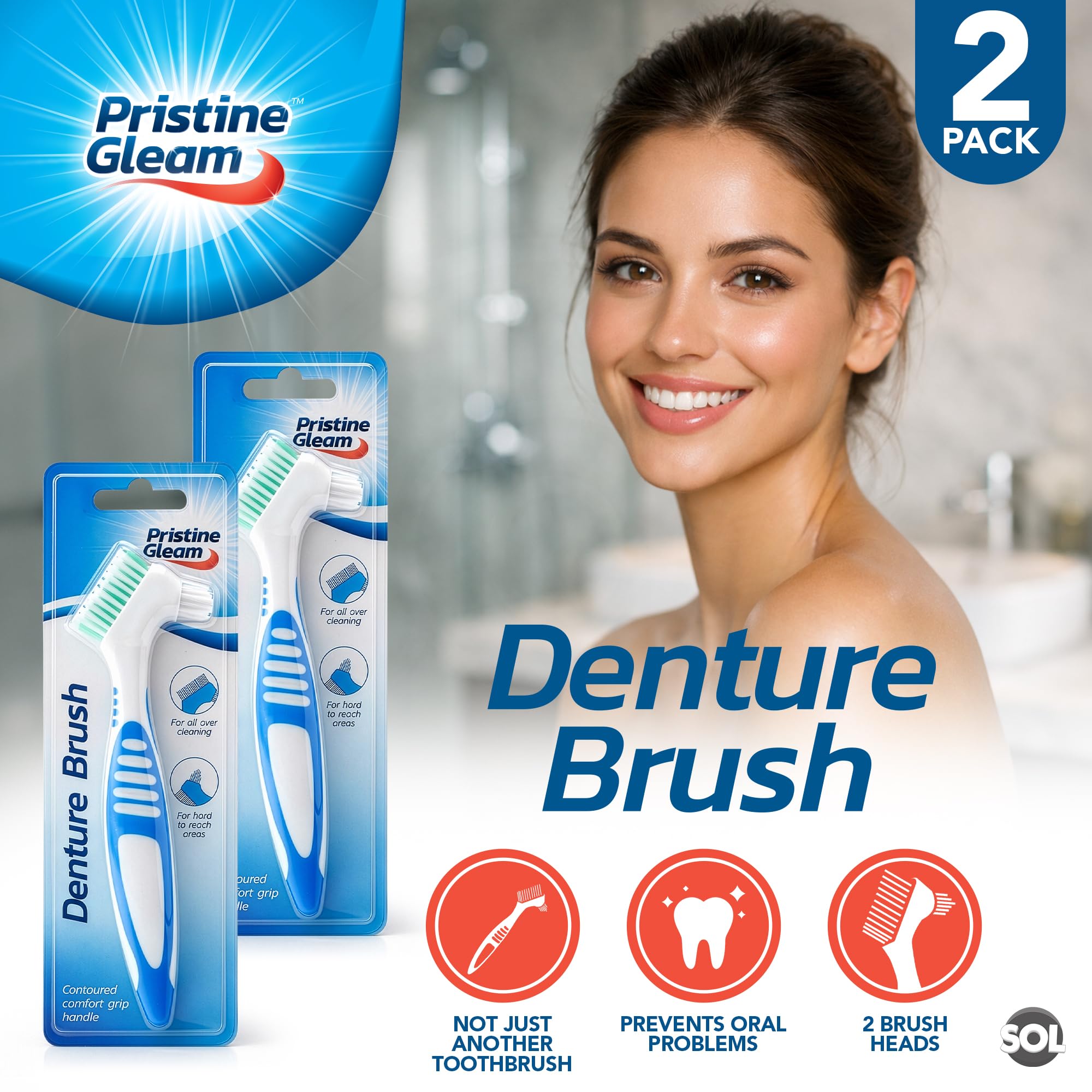 SOL 2pk Denture Brush – Dual Angled Heads with Soft Bristles for Hard-to-Reach A
