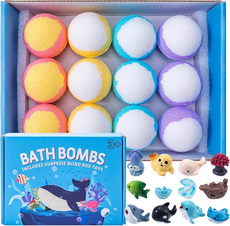 Bombas de banho infantis Ponomoba com brinquedo surpresa de animais marinhos, pacote com 12