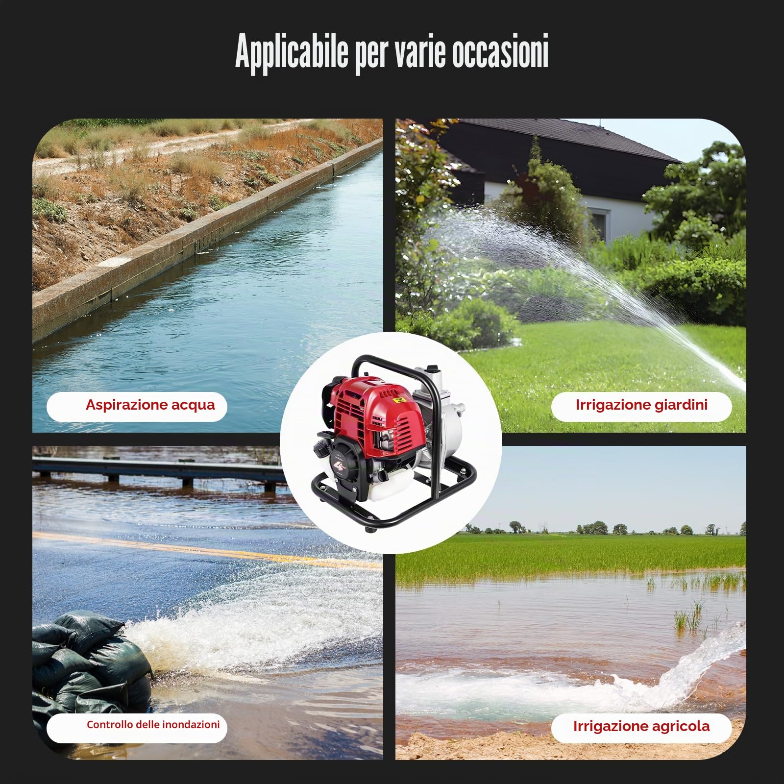Pompa dell'acqua a benzina a 4 tempi, pompa motore da 1,2 kW con 8100 l/h e 30 m di altezza di estrazione, 10500 giri/min, avviamento via cavo, capacità serbatoio olio 900 ml, diametro