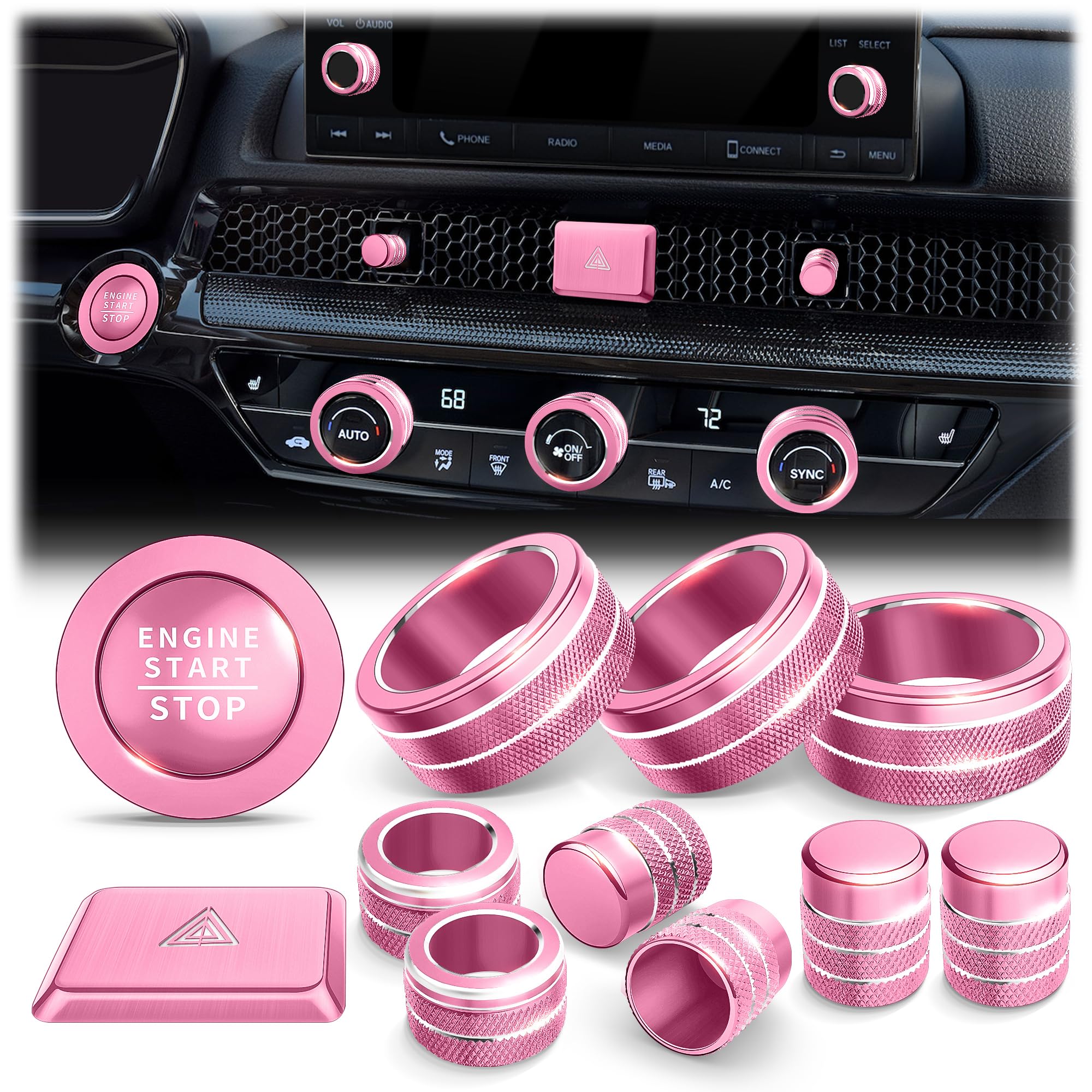 Polodunn for 2022-2026 Honda Civic Accessories, 2023-2026 Honda CR-V & Acura Integra Accessories (7" Screen with 2 Audio Knobs), 12PCS Knob Cover Set - Hazard, Start, Audio, AC & Air Vent (Pink)