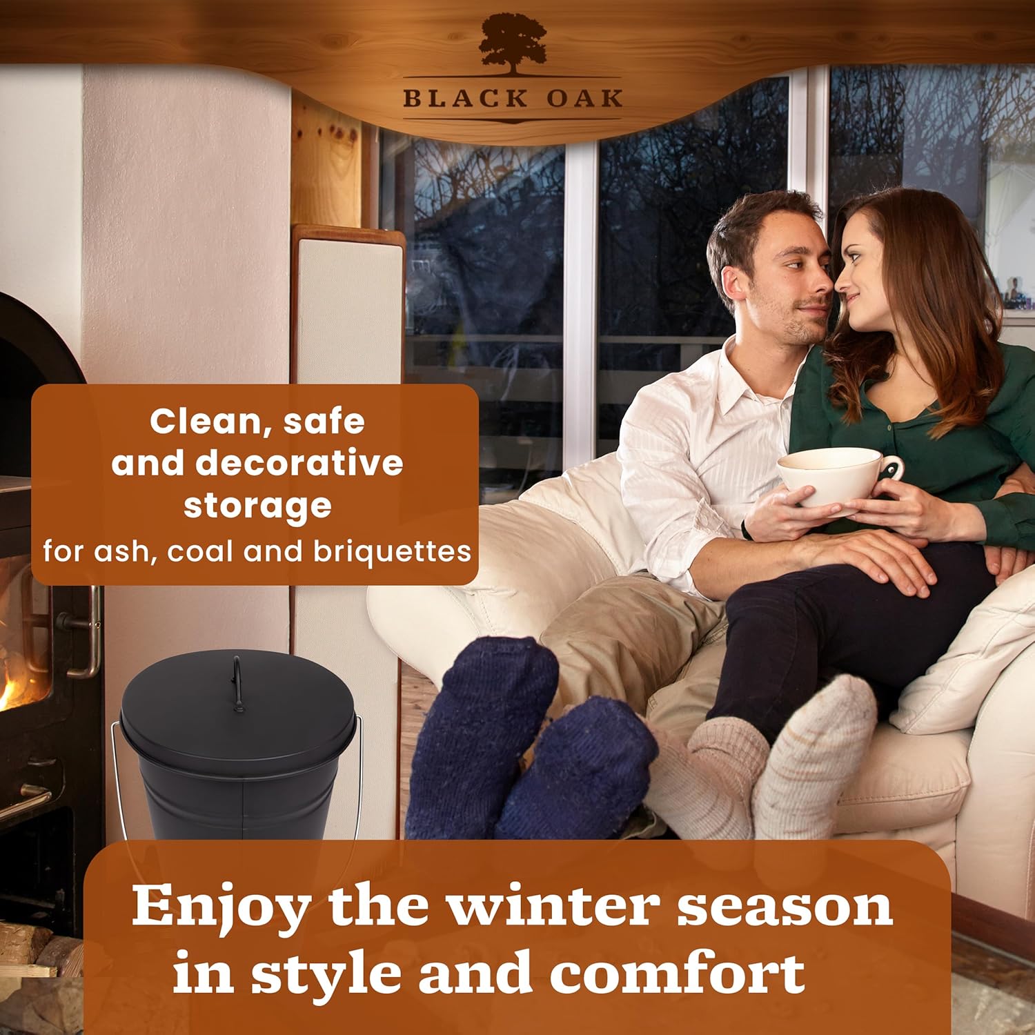 BLACK OAK Ash Bucket Vesuvio 3.7 GAL –black oval with lid & gloves –large 15L –fireproof galvanized steel & powder-coated ash & coal bucket –accessory for fireplaces, tiled stoves, wood-burning stoves