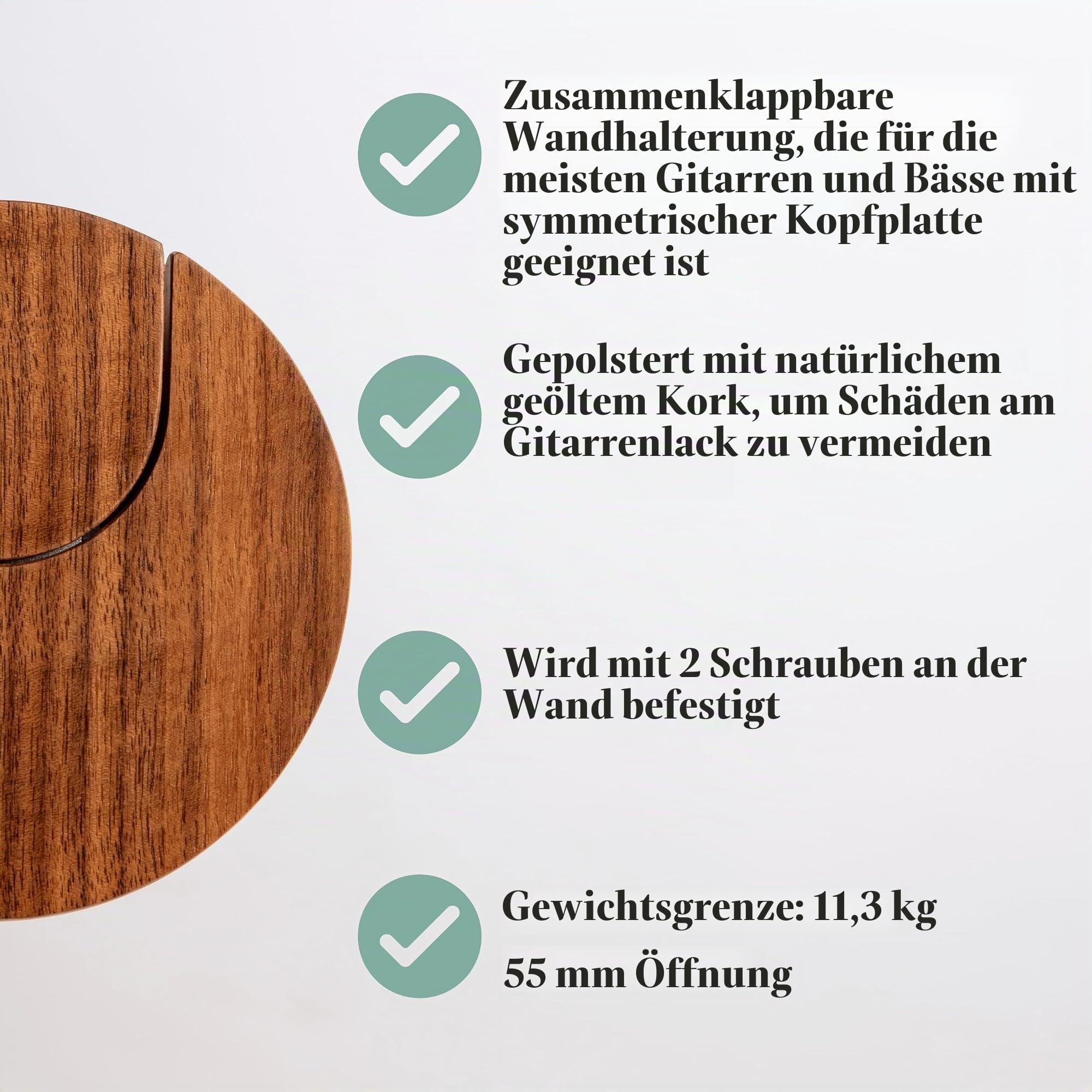 World's Only Zusammenklappbarer Gitarrenaufhänger Wandhalterung für Gitarren & Bässe – Patentiertes dänisches Design – Platzsparend – Kratzfest – Gitarrenzubehör, Wandhaken zum Aufhängen | Walnussholz